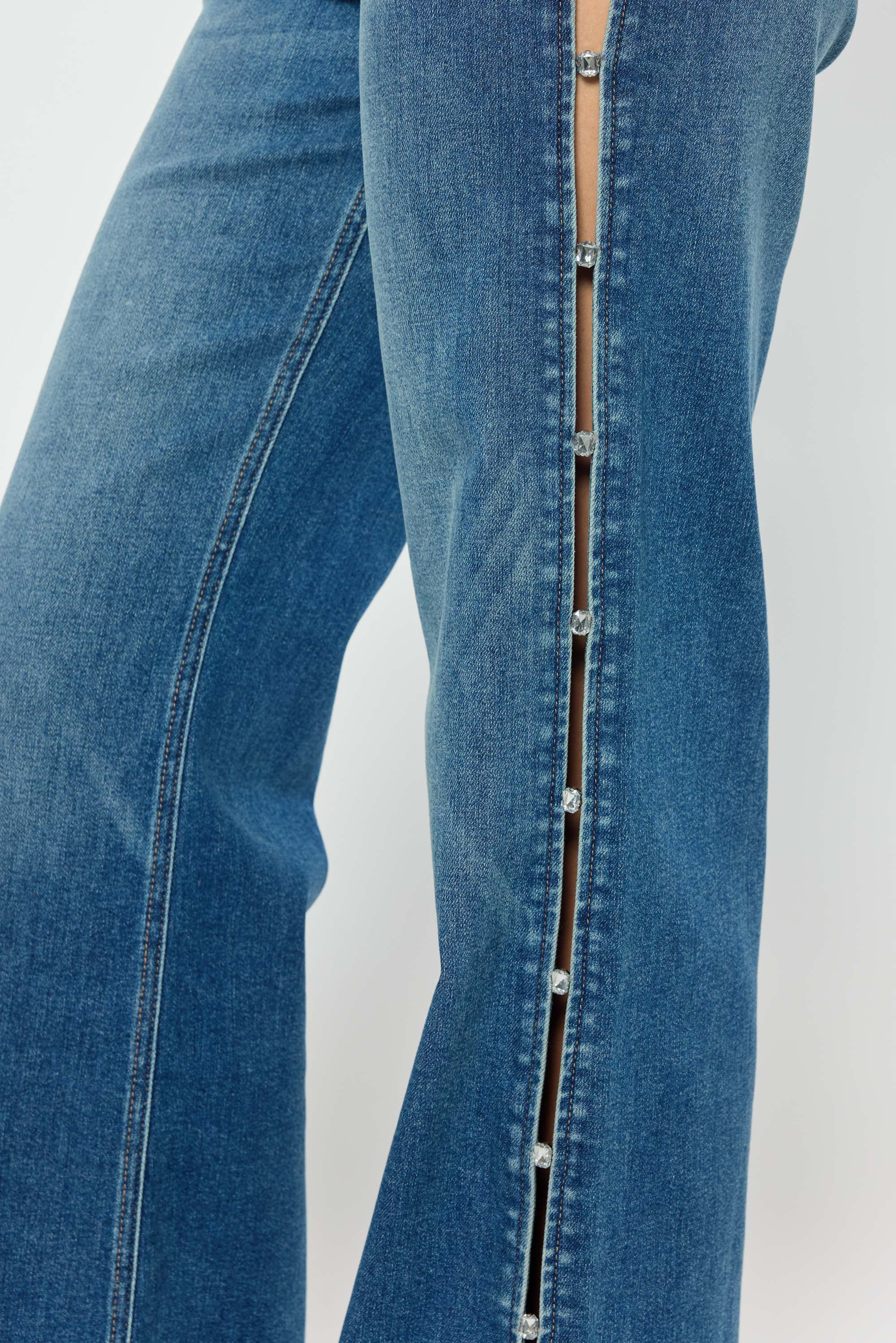 High Rise Wide Leg Jeans with Rhinestone Cutout Detail