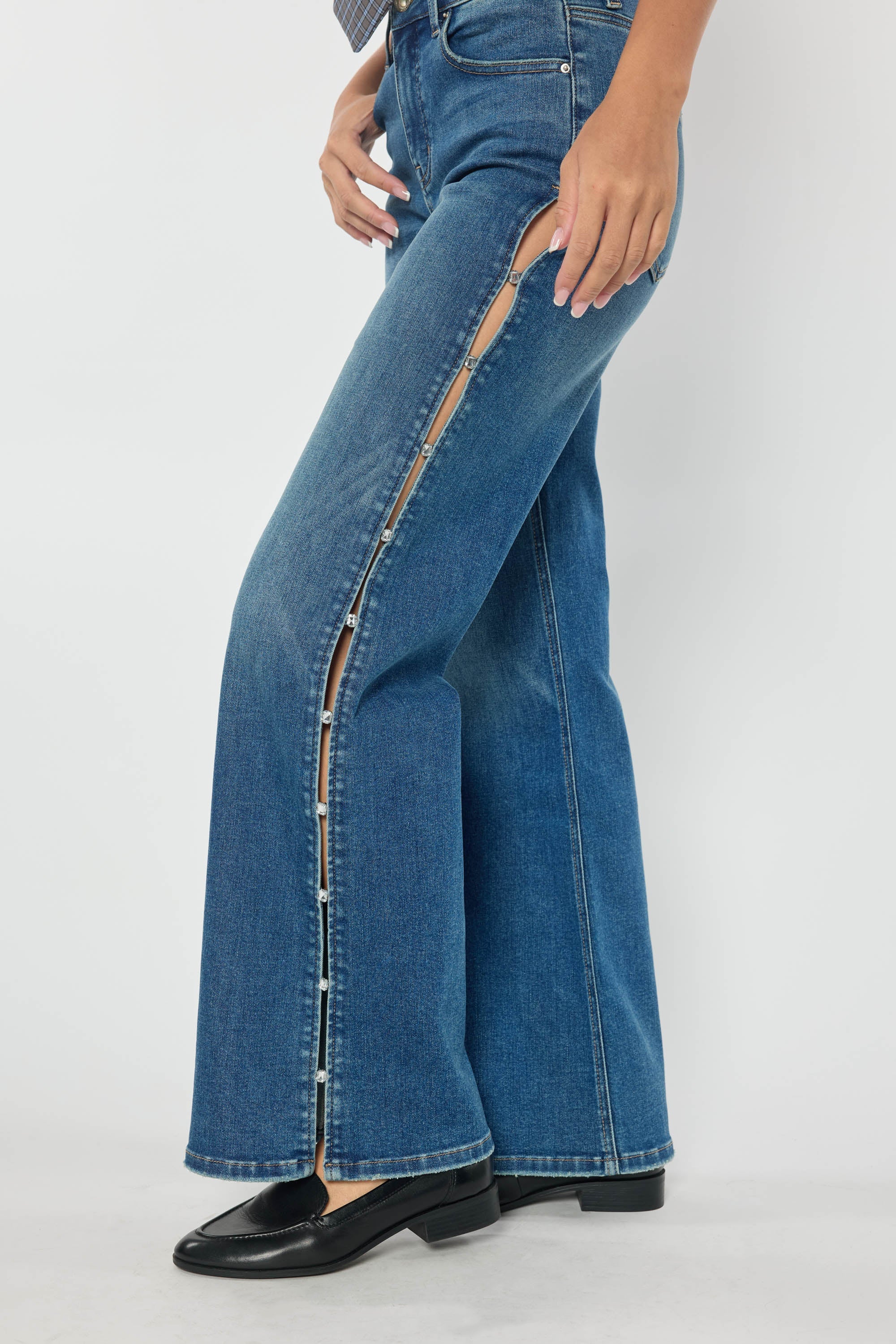 High Rise Wide Leg Jeans with Rhinestone Cutout Detail