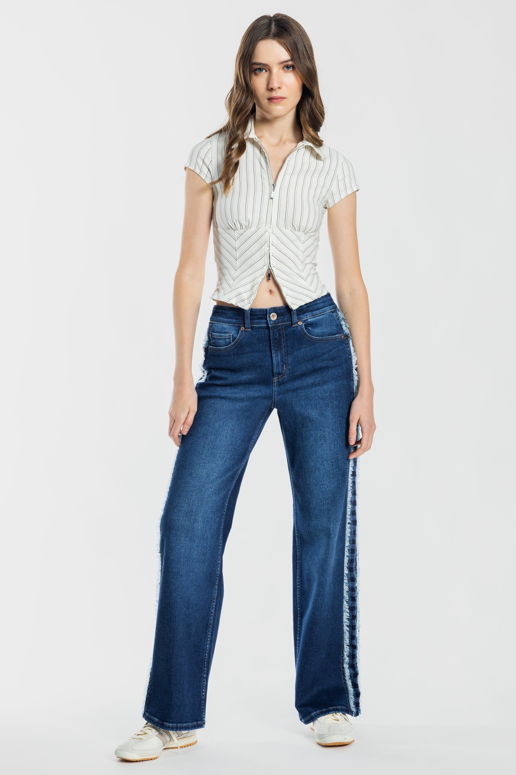 Mid Waist Relaxed Wide Leg Jeans with Side Checker Detail