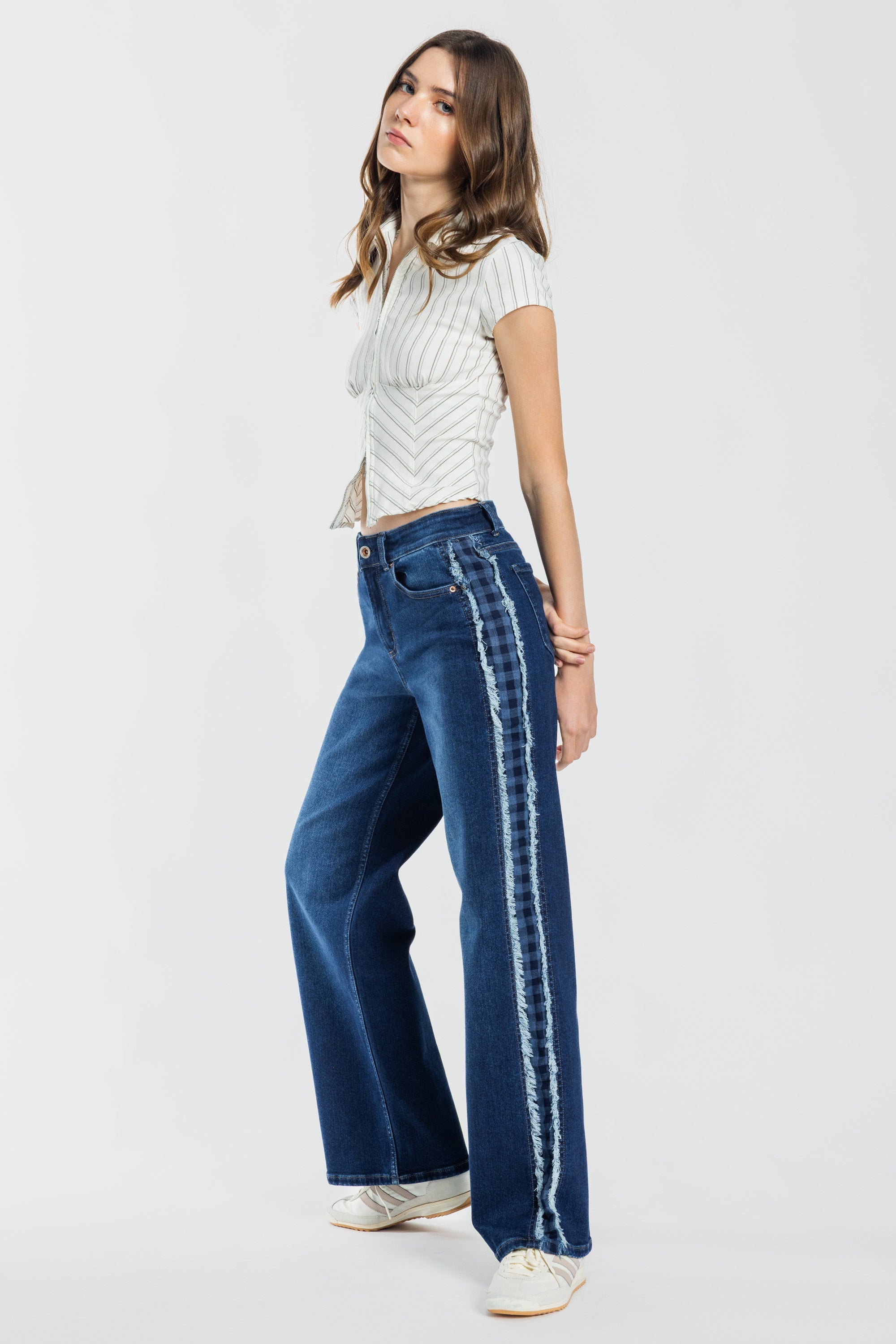 Mid Waist Relaxed Wide Leg Jeans with Side Checker Detail