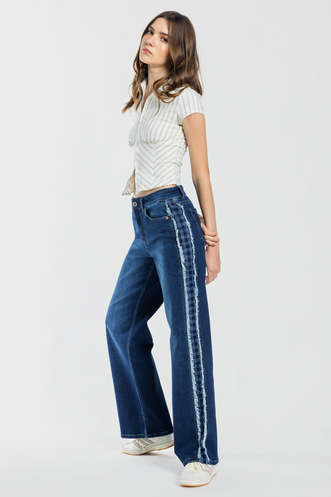 Mid Waist Relaxed Wide Leg Jeans with Side Checker Detail