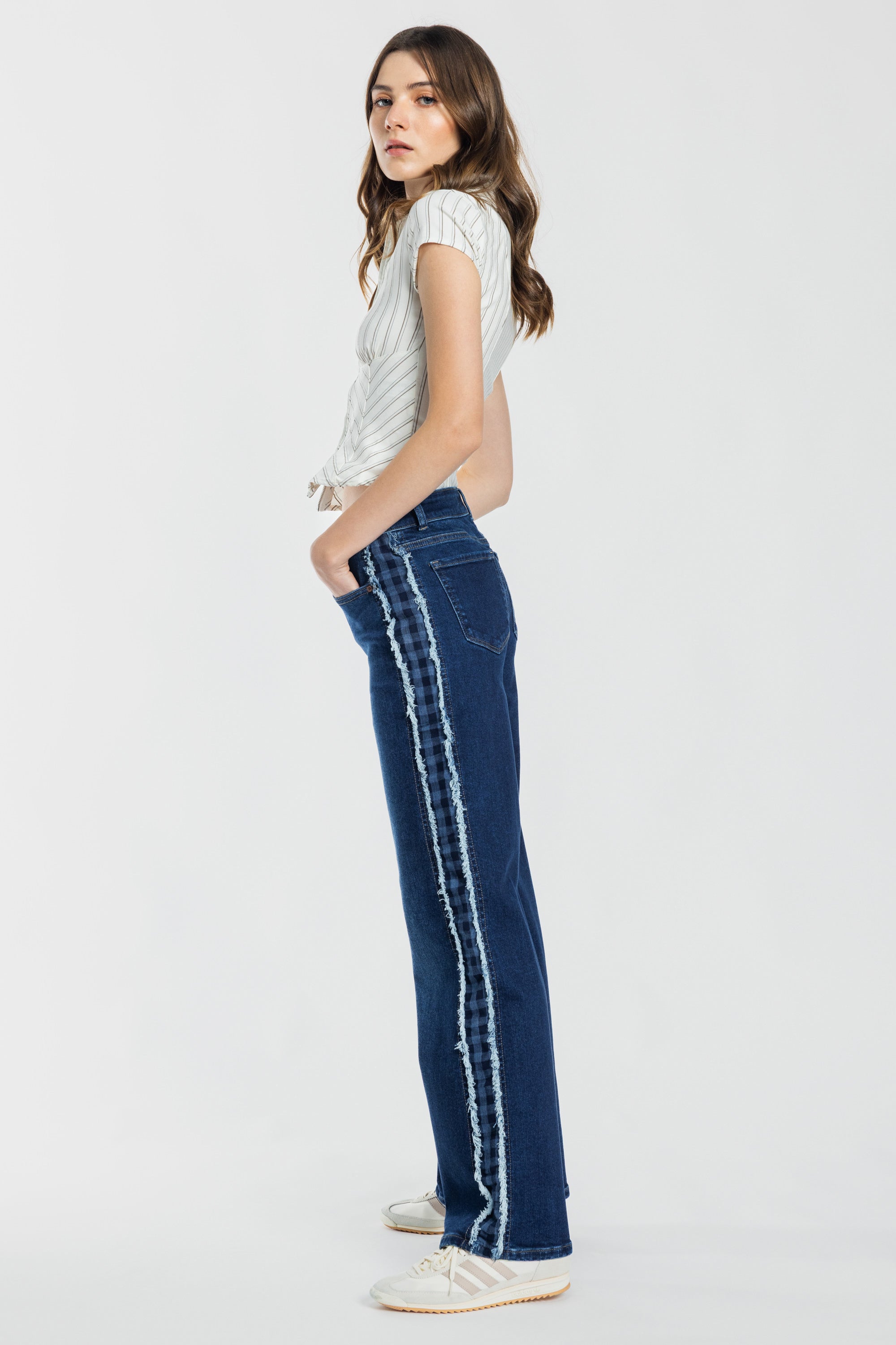 Mid Waist Relaxed Wide Leg Jeans with Side Checker Detail