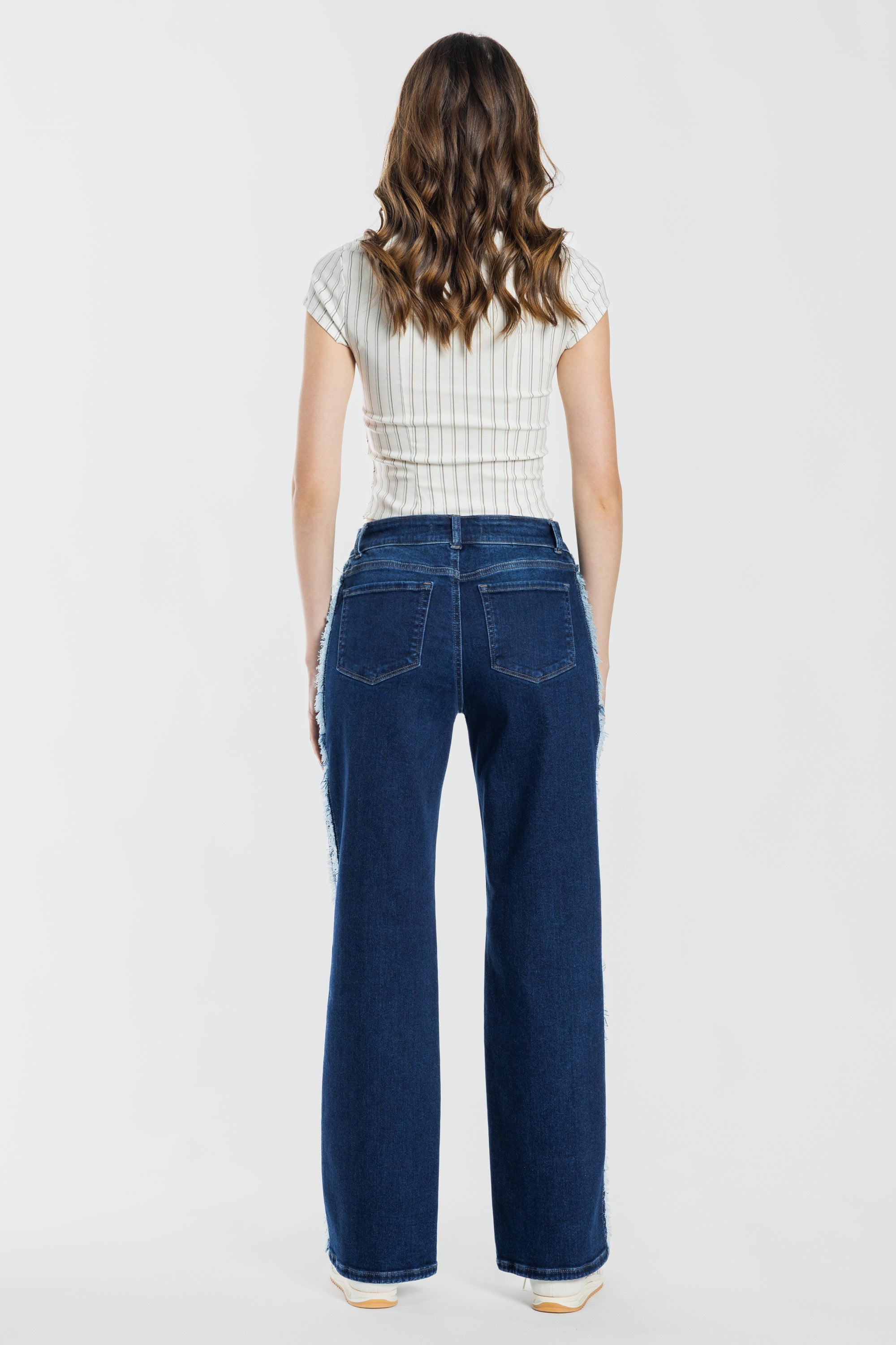 Mid Waist Relaxed Wide Leg Jeans with Side Checker Detail