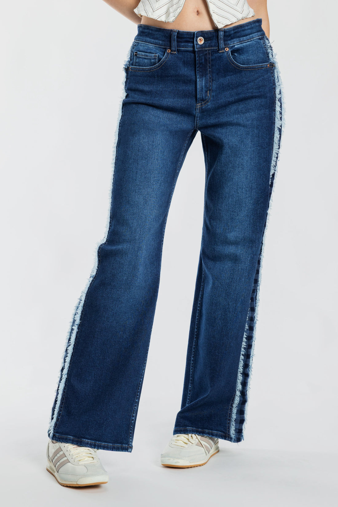 Mid Waist Relaxed Wide Leg Jeans with Side Checker Detail