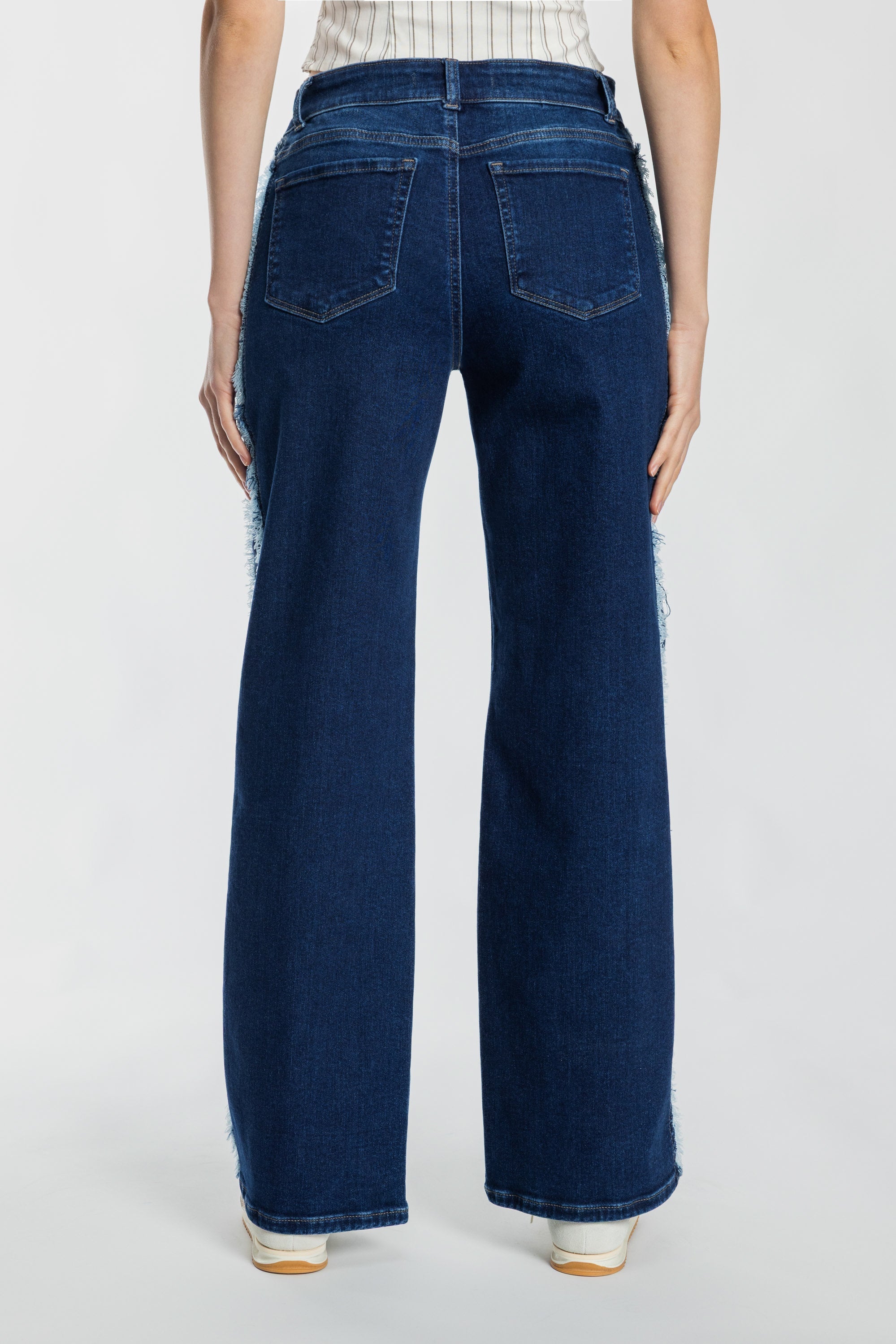 Mid Waist Relaxed Wide Leg Jeans with Side Checker Detail