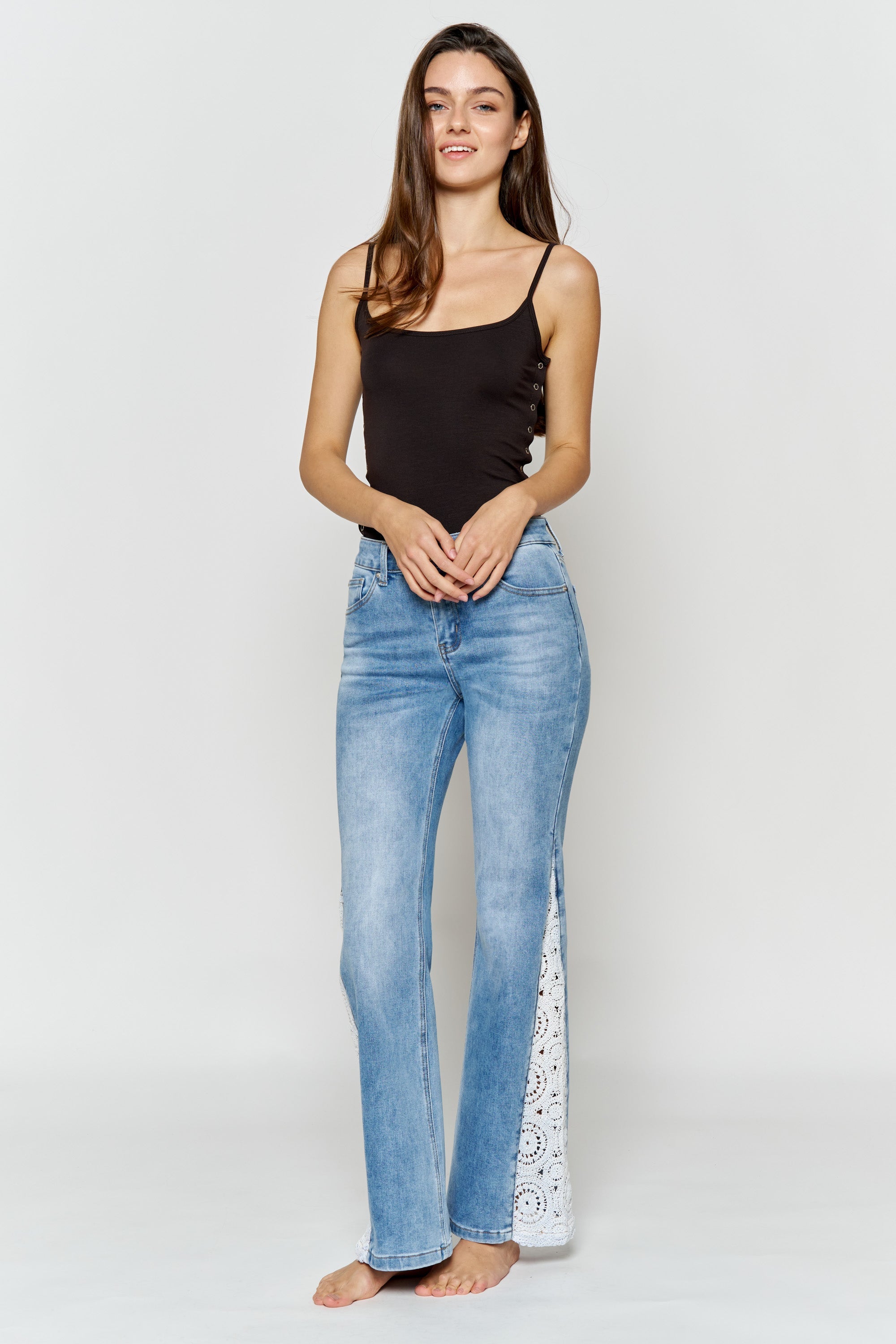 High Rise Wide Leg Jeans with Side Lace Crochet Detail