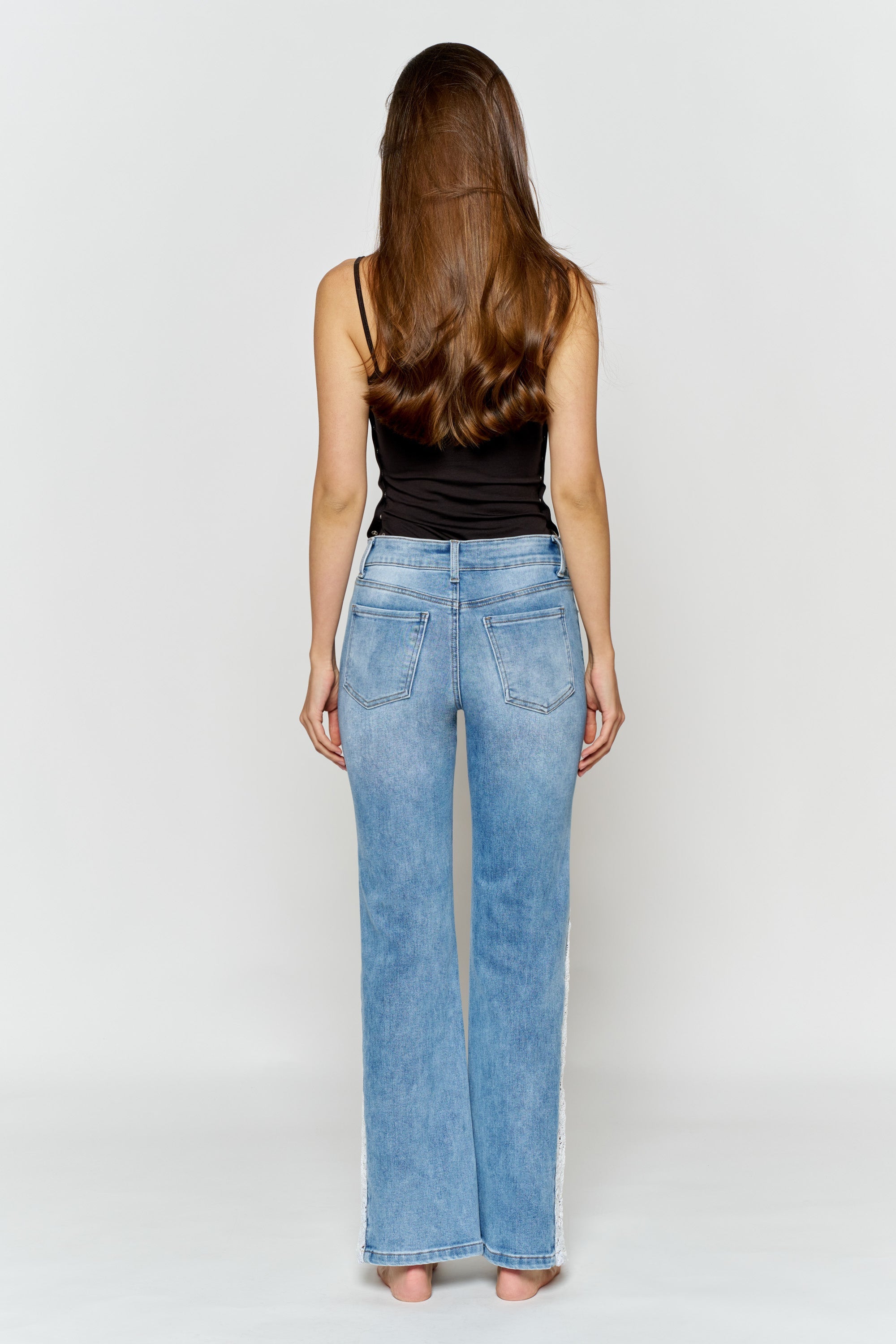 High Rise Wide Leg Jeans with Side Lace Crochet Detail