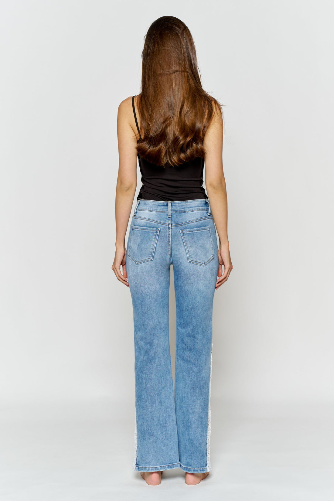 High Rise Wide Leg Jeans with Side Lace Crochet Detail