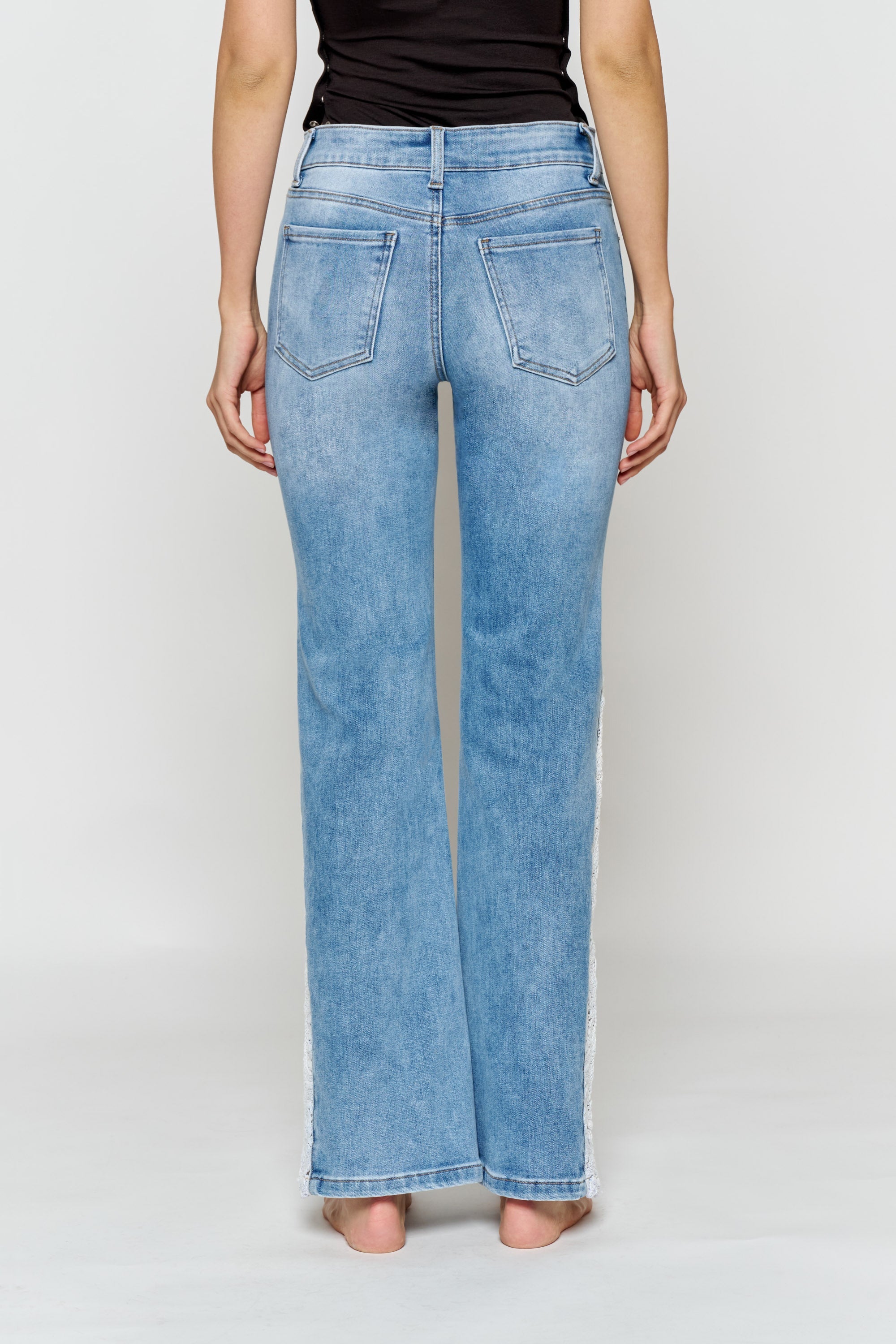 High Rise Wide Leg Jeans with Side Lace Crochet Detail