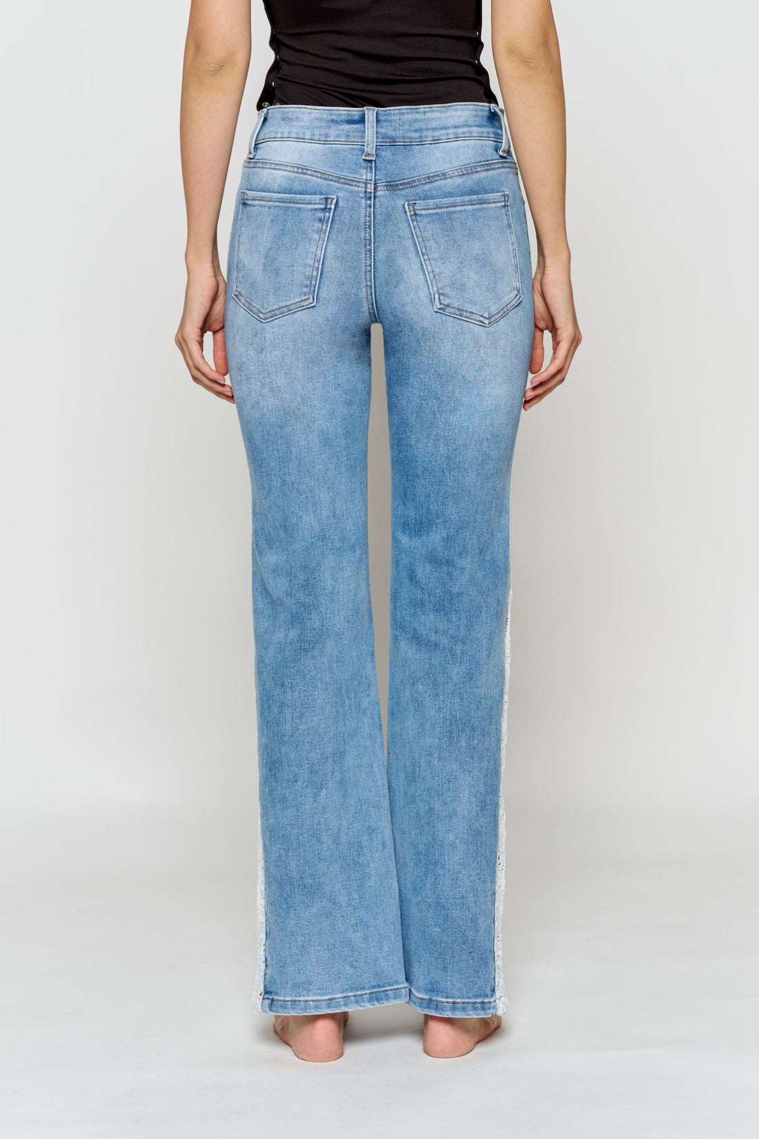 High Rise Wide Leg Jeans with Side Lace Crochet Detail