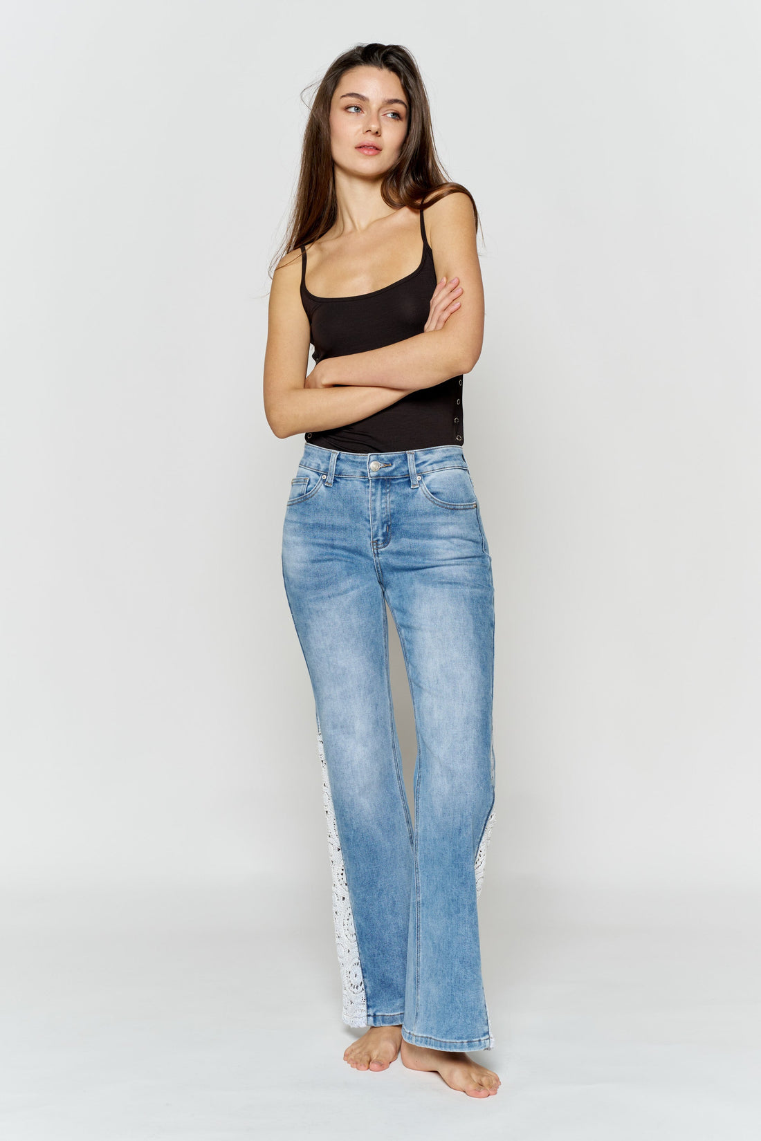 High Rise Wide Leg Jeans with Side Lace Crochet Detail