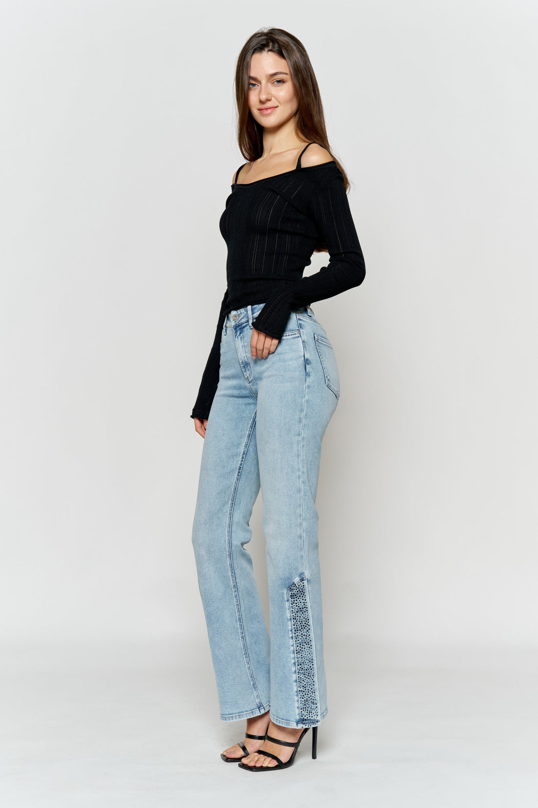 High Rise Slim Wide-Leg Jeans with Side Slit Rhinestone Detail