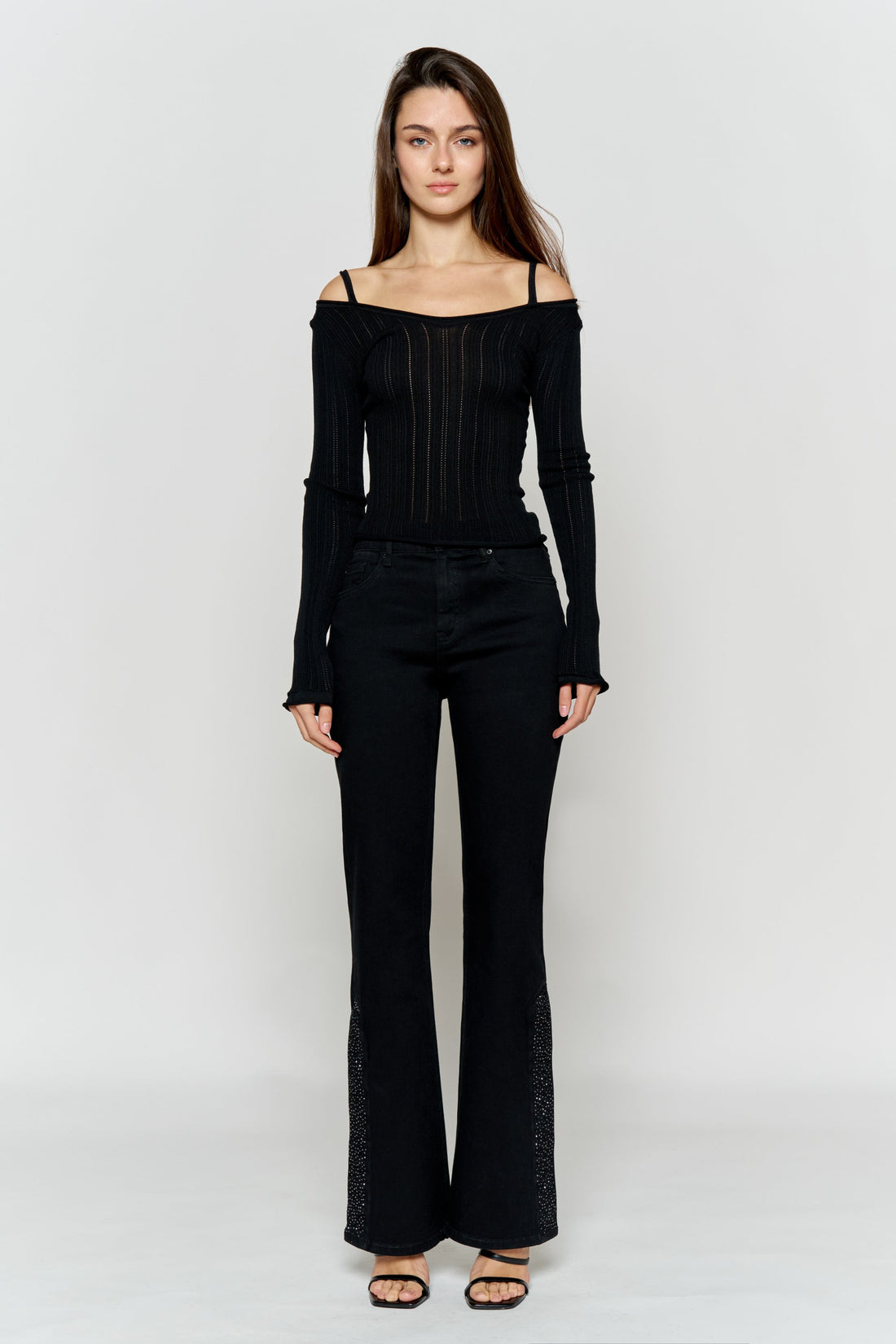High Rise Slim Wide-Leg Jeans with Side Slit Rhinestone Detail