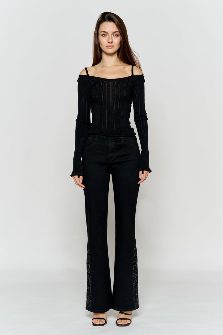 High Rise Slim Wide-Leg Jeans with Side Slit Rhinestone Detail