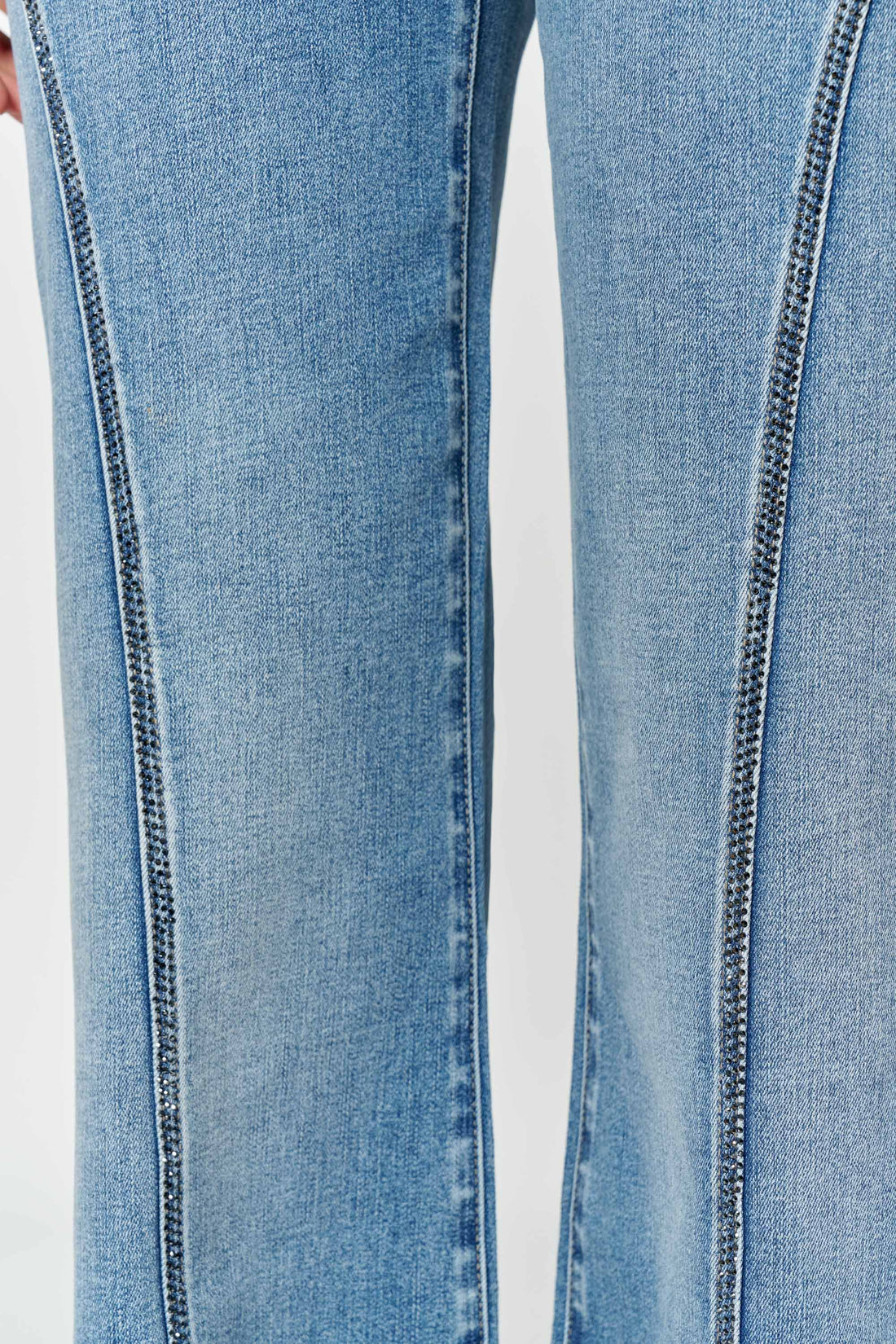 High Rise Wide Leg Jeans with Curved Seam and Rhinestone Details
