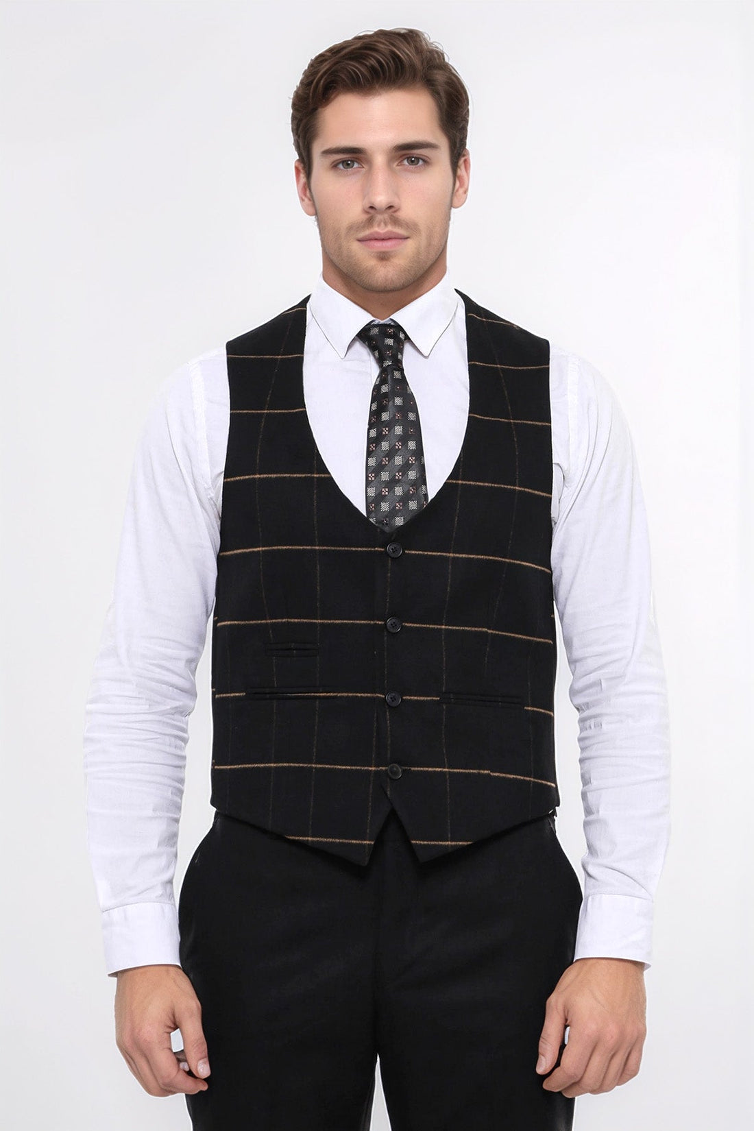 Checked V Neck Black Vest - Wessi