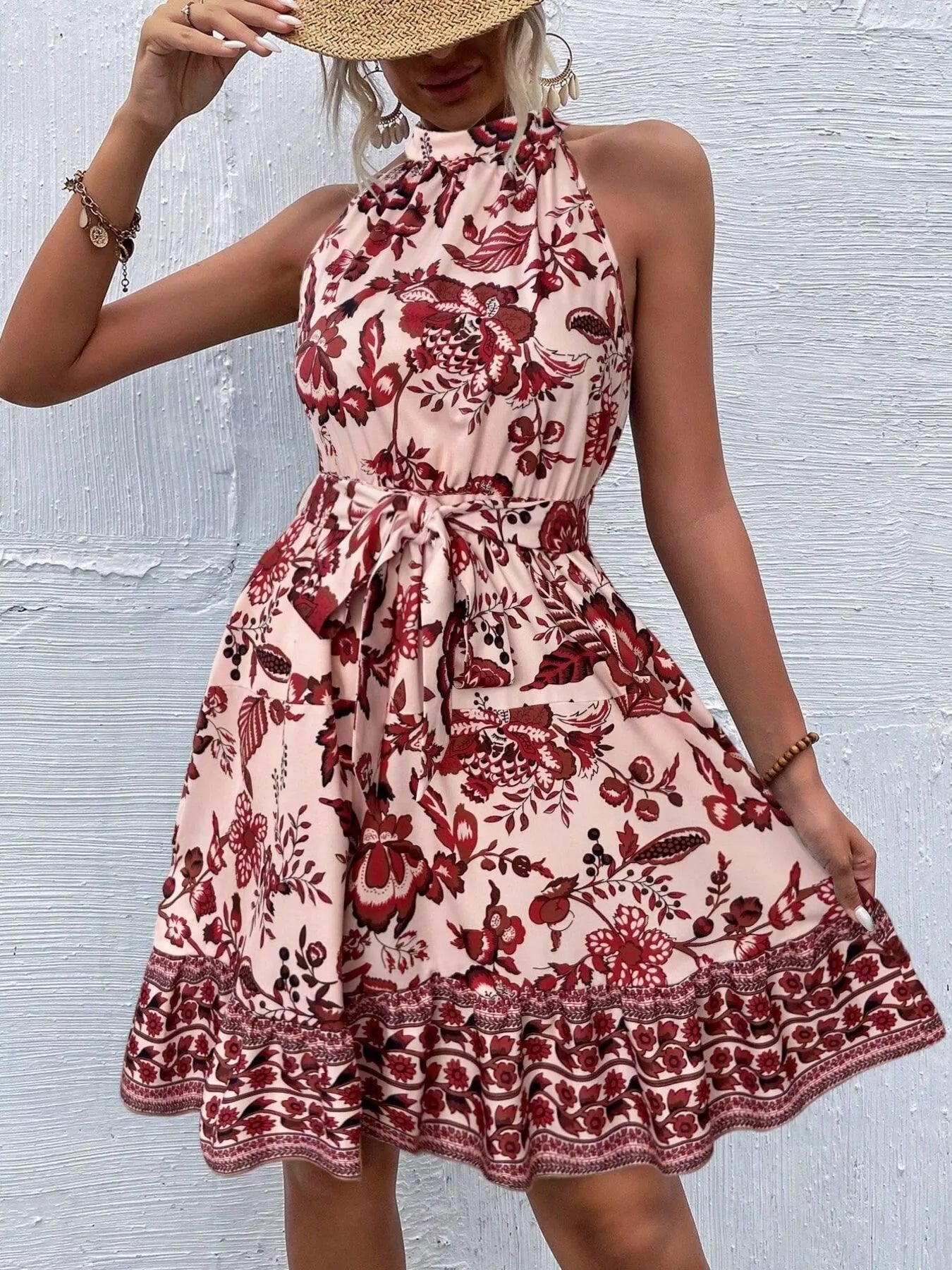 Women's Printed Sleeveless Tie Waist Dress