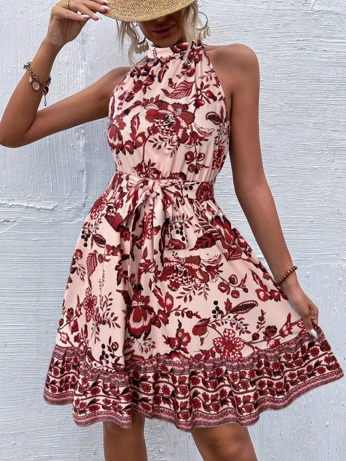 Women's Printed Sleeveless Tie Waist Dress