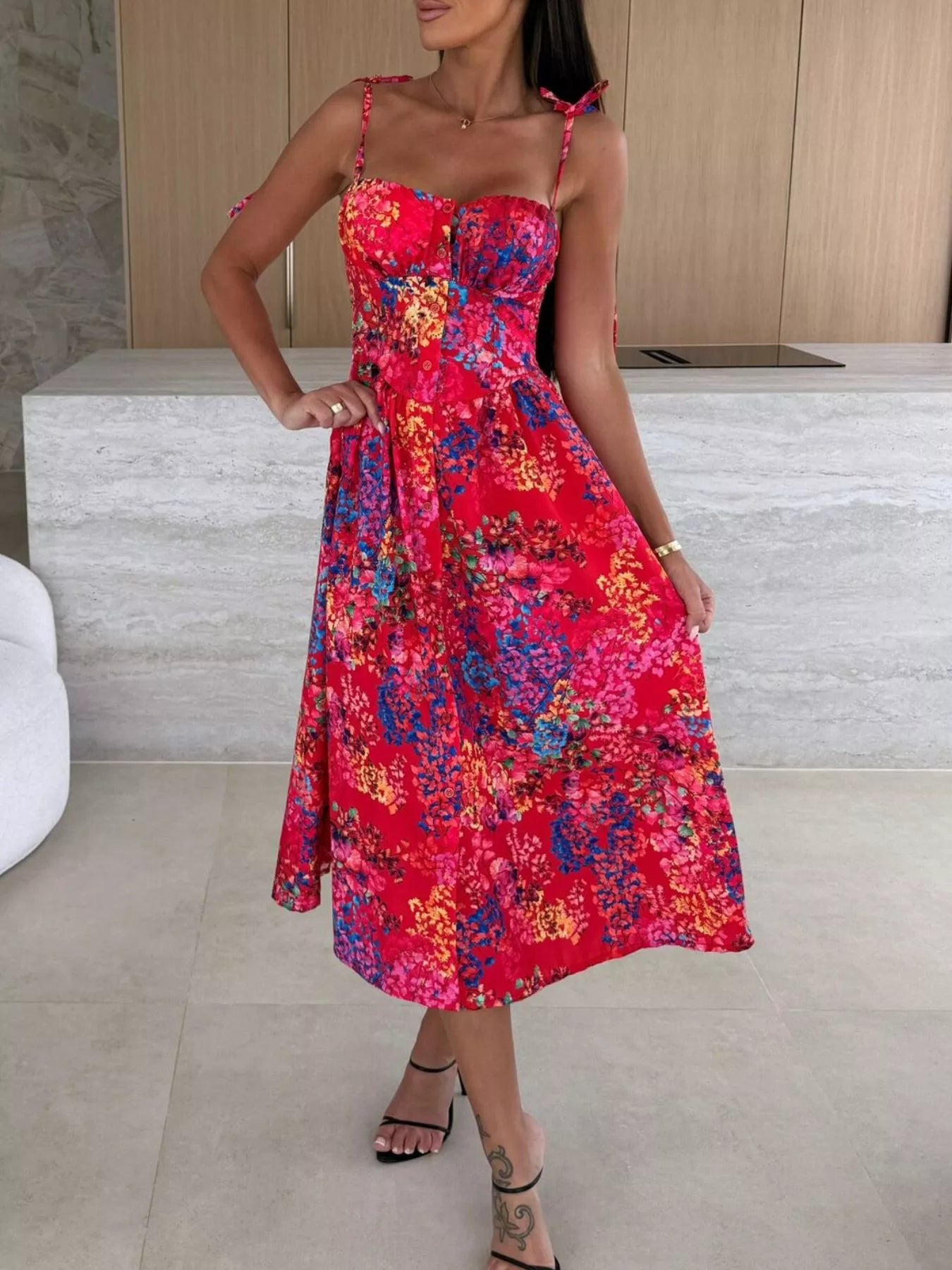 Women's Printed Tie-Strap Midi Dress