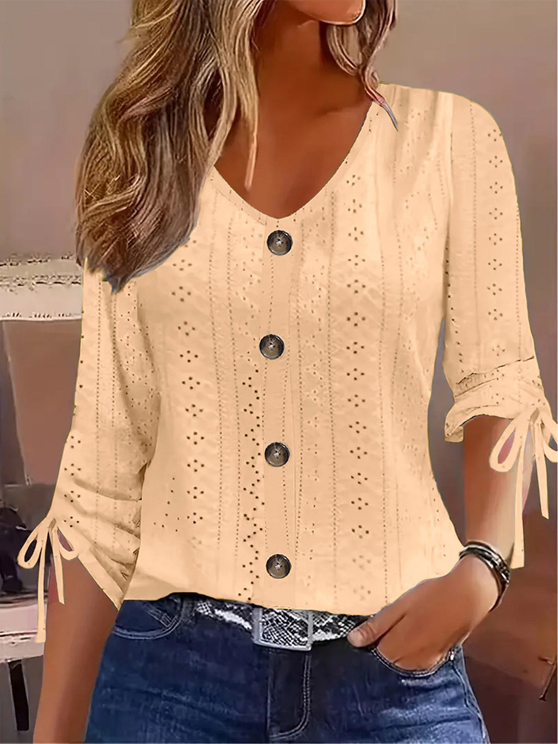 Solid-color Jacquard V-neck Buttoned Mid-sleeve T-shirt Top