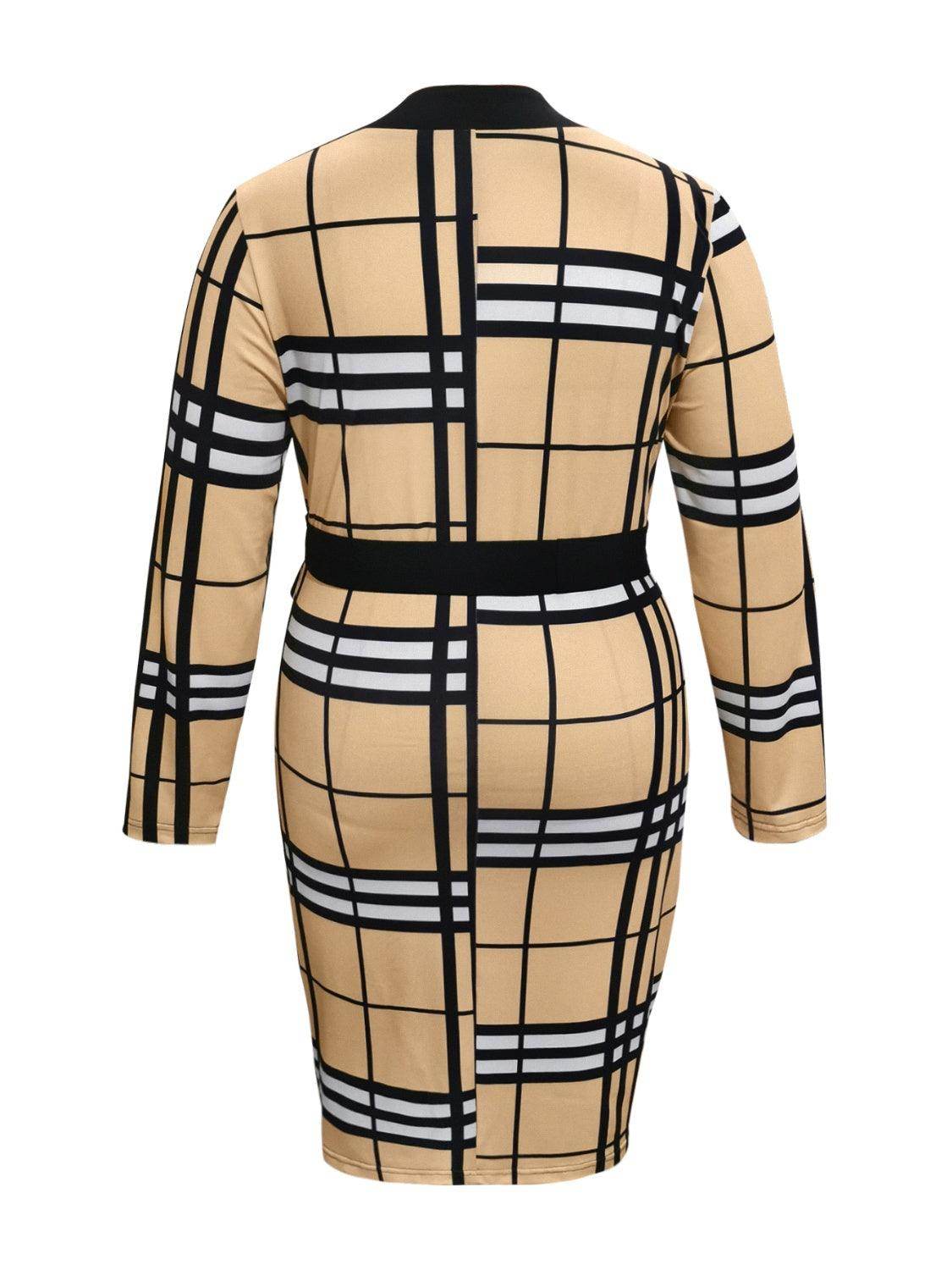 Plus Size Plaid V-Neck Long Sleeve Wrap Dress for Women