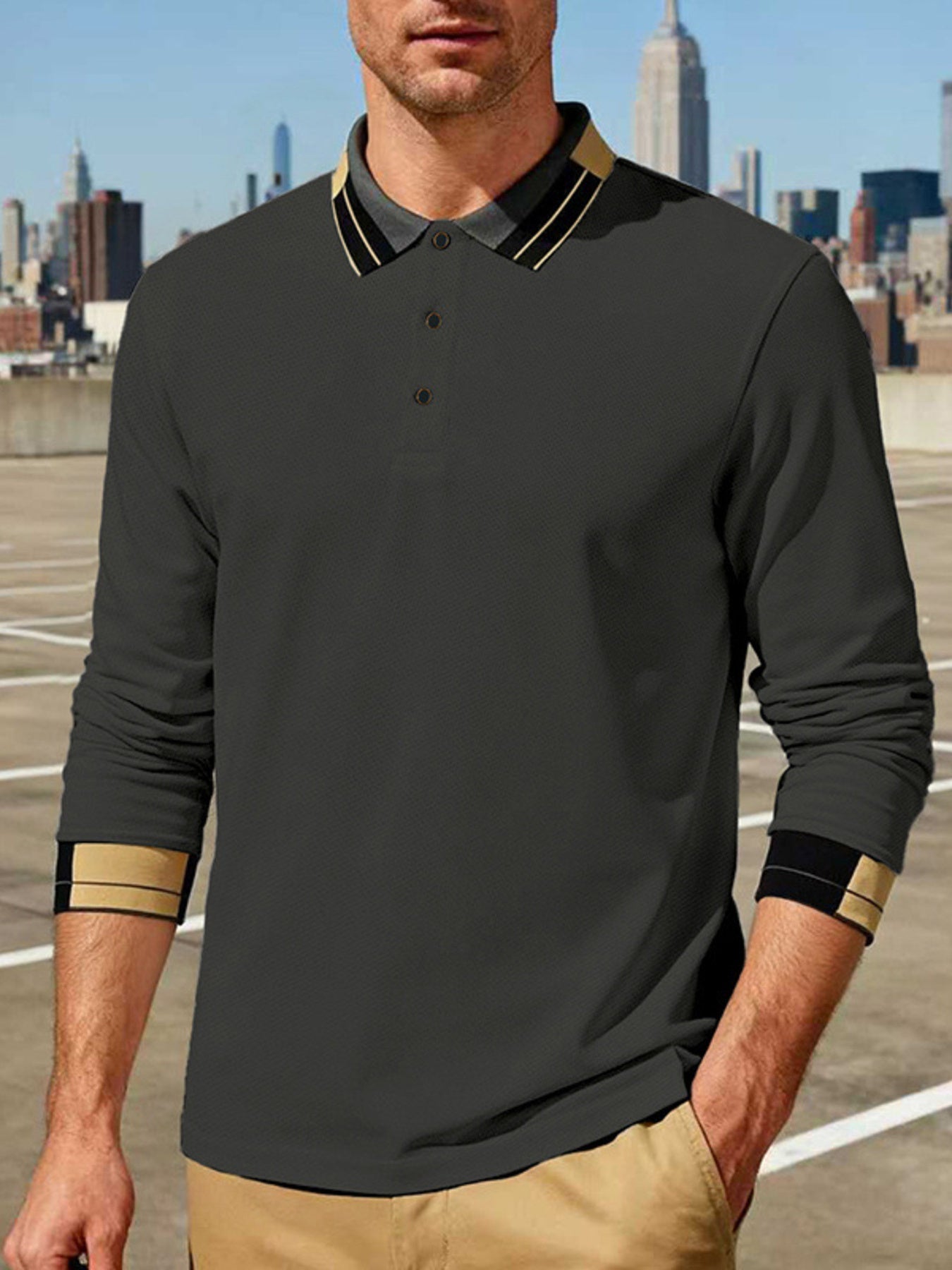 Men's Full Size Button Detail Long Sleeve Polo Plus Size