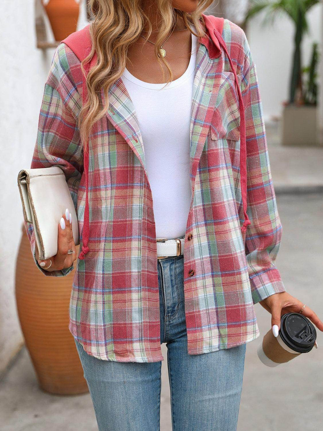 Plaid Long Sleeve Hooded Jacket for Women with Pockets