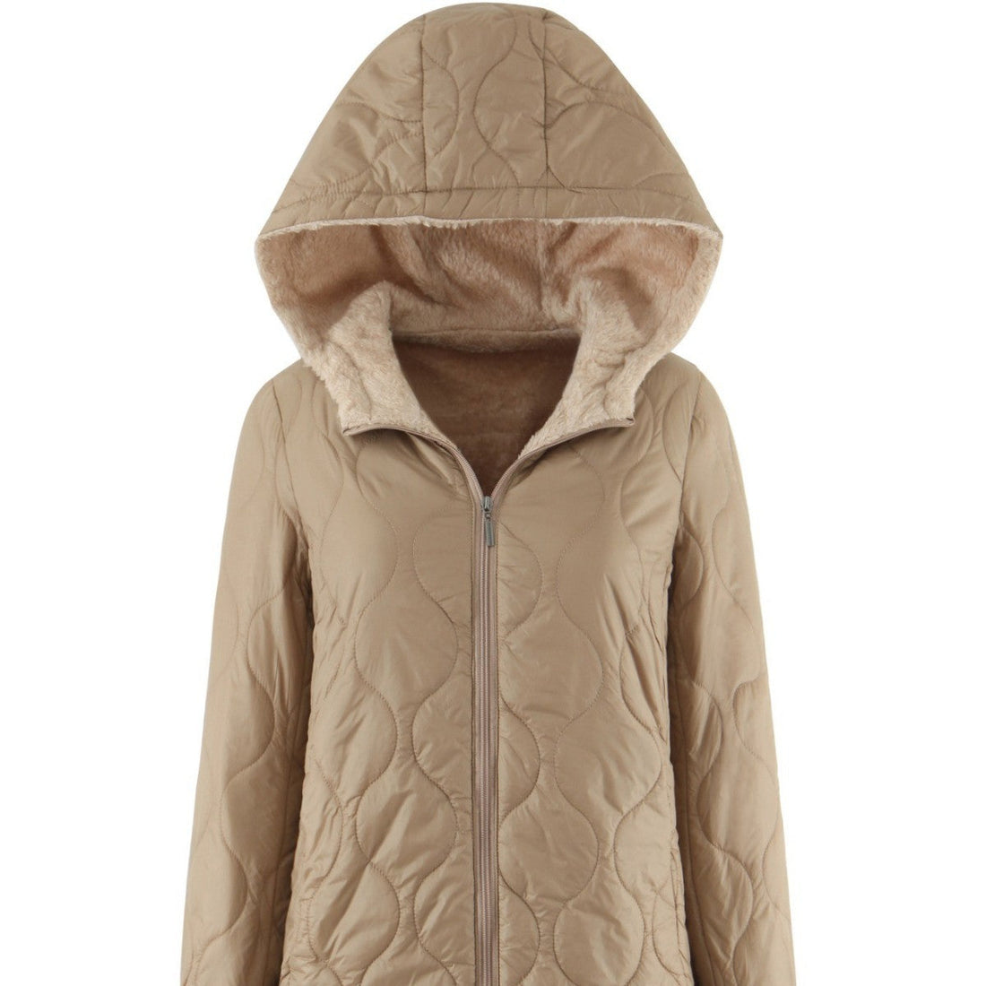 Womens Mid-Length Hooded Padded Coat With Fleece Lining