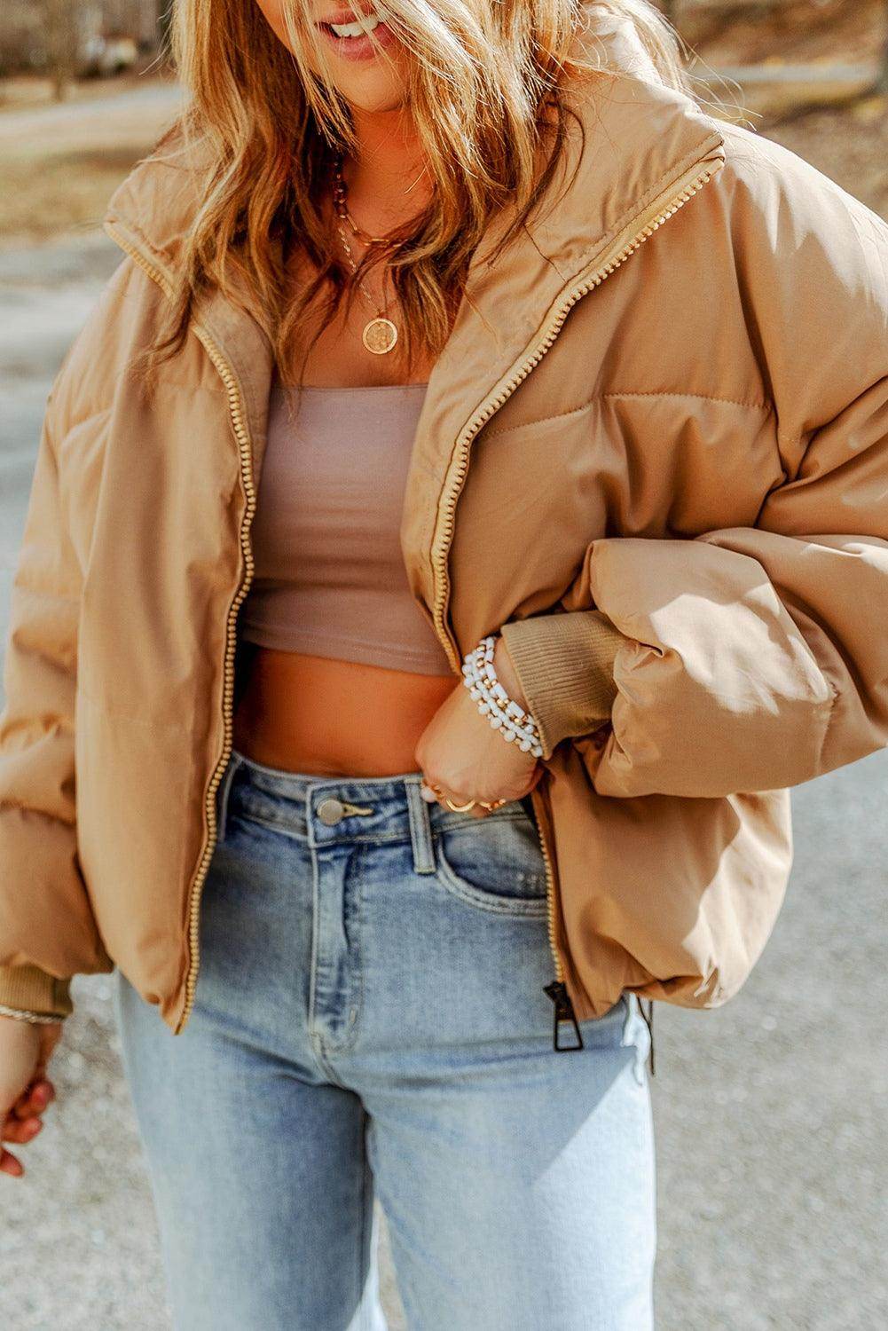 Zip Up Collared Neck Coat with Pockets for Women