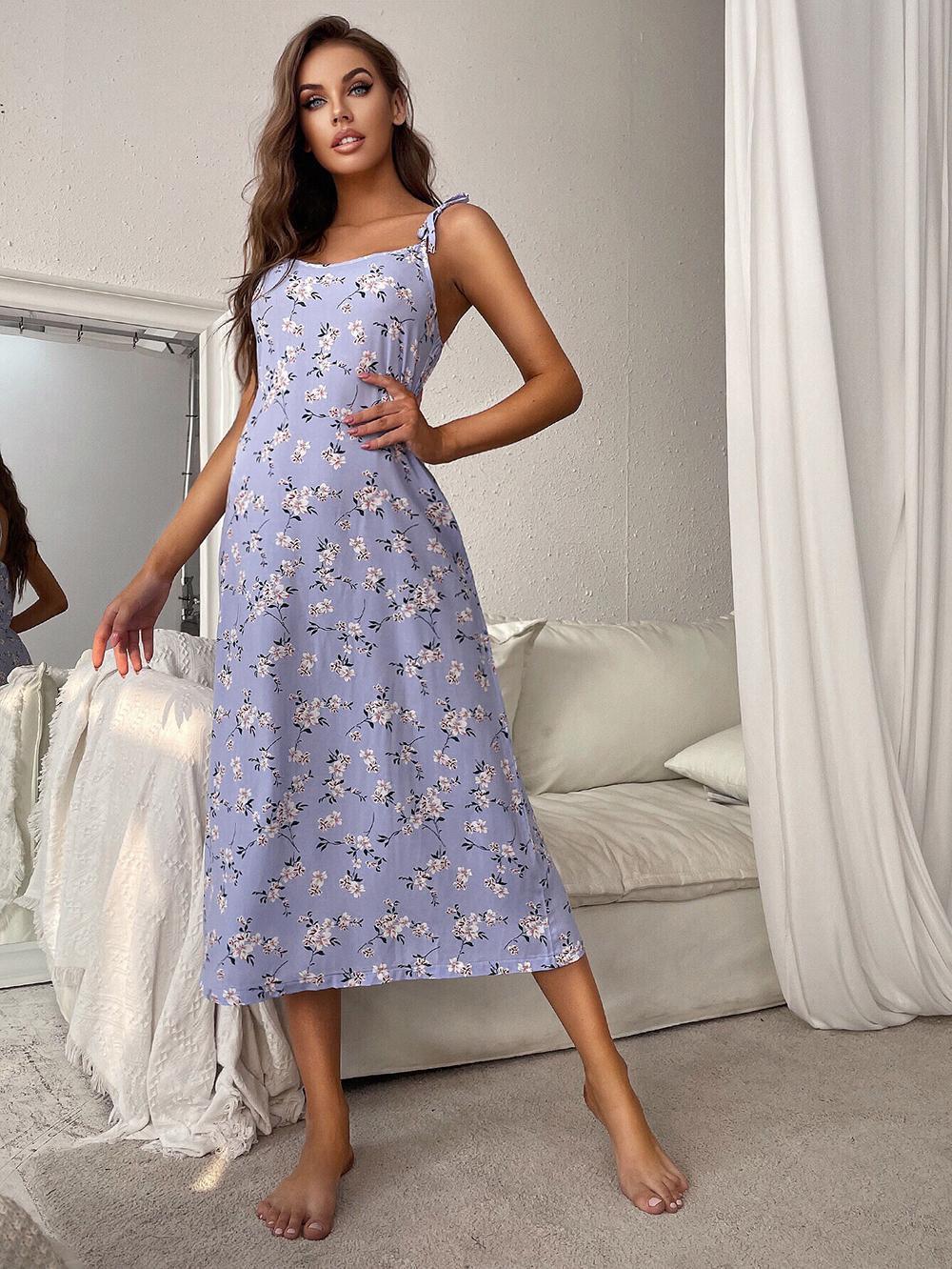 Women's Printed Tie Shoulder Midi Night Dress