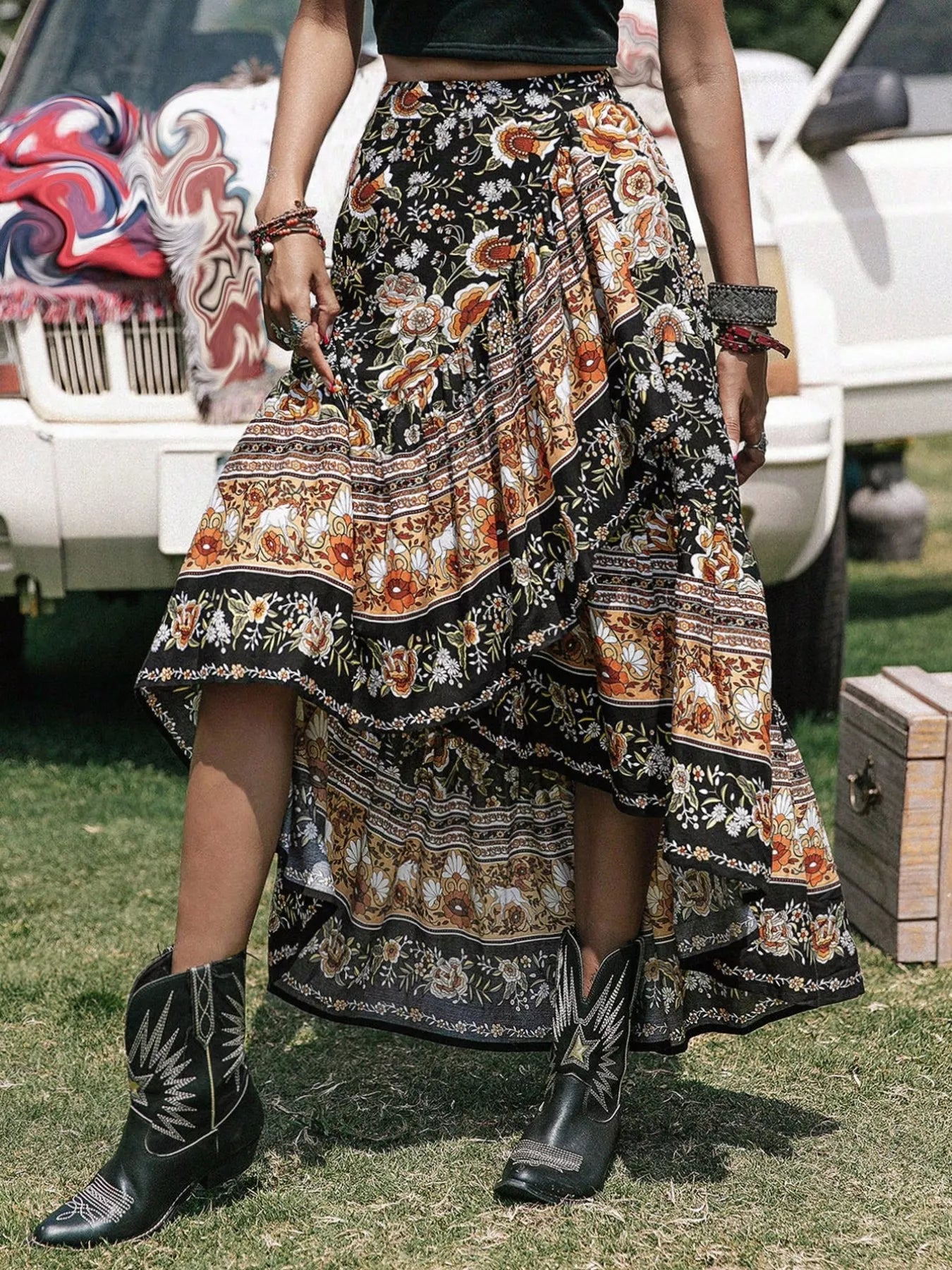 Plus Size Boho Floral Print High-Low Skirt See size chart under “more details”