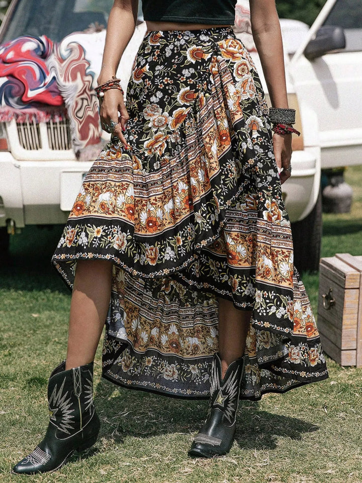 Plus Size Boho Floral Print High-Low Skirt See size chart under “more details”