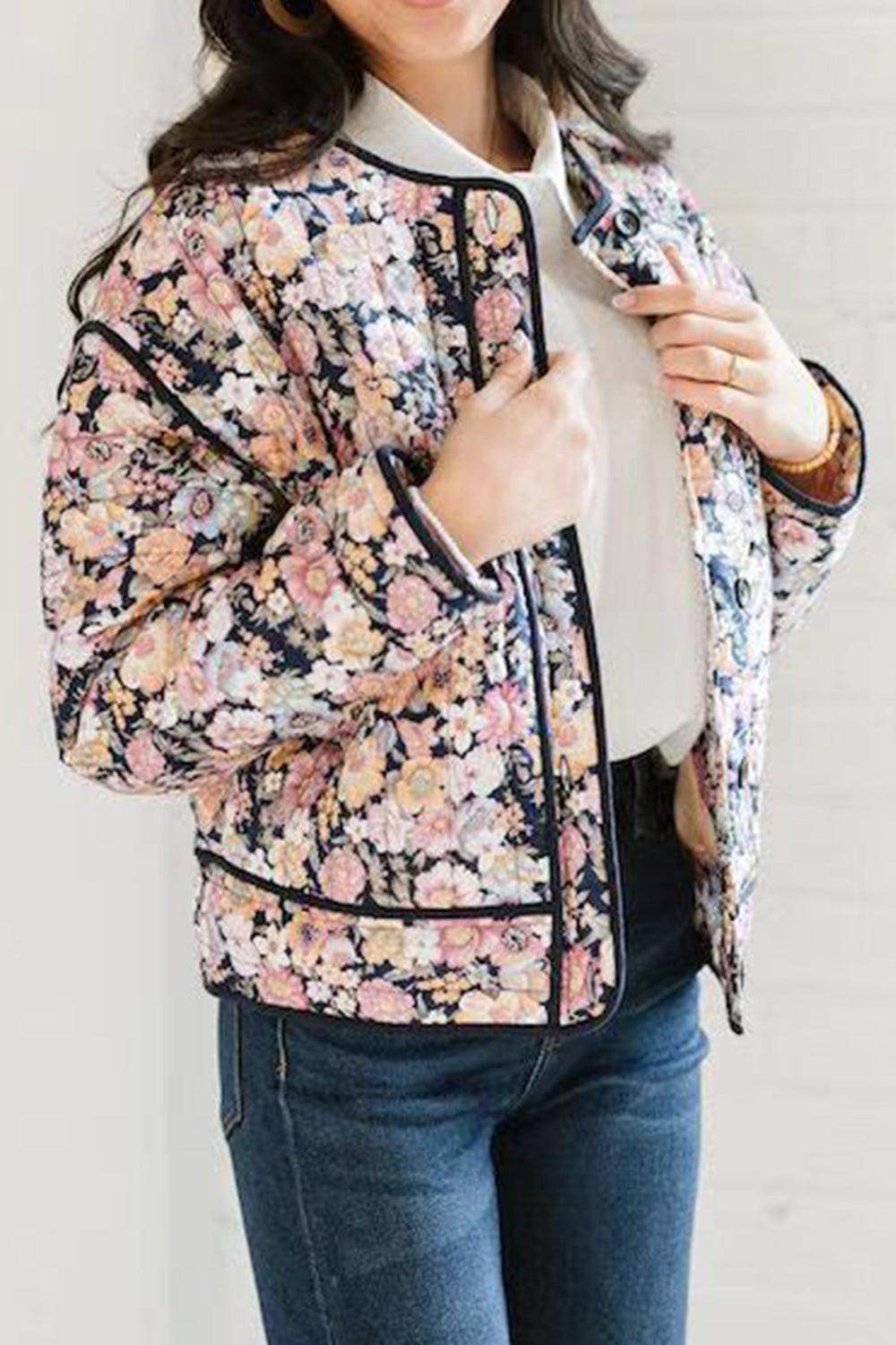 Floral Button Up Long Sleeve Winter Coat for Women
