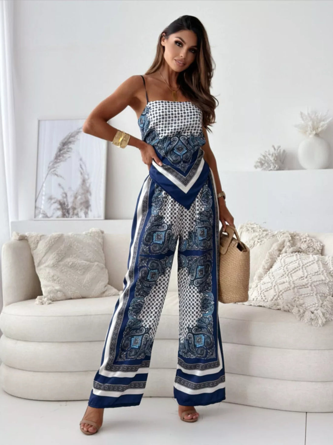 Women's Printed Cami and Wide Leg Pants Set