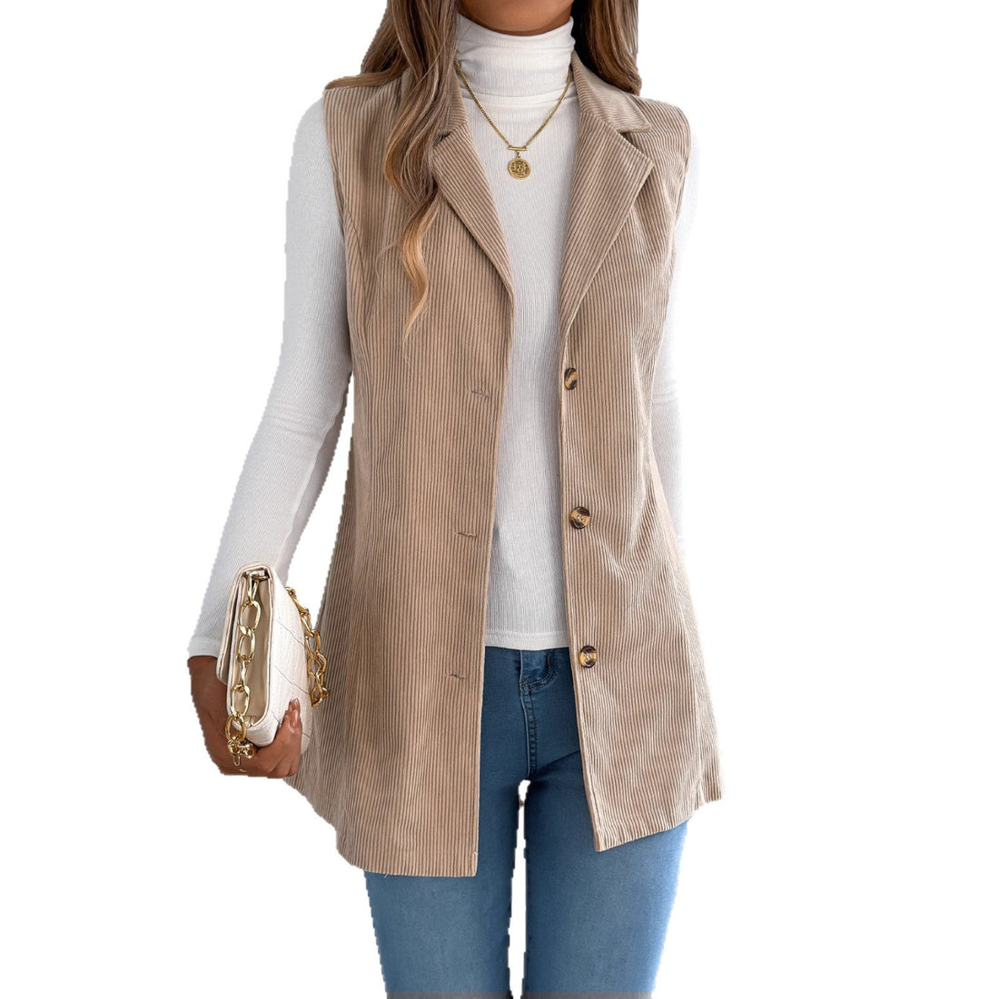 Women's European And American Casual Single-breasted Suit-collar Corduroy Waistcoat Jacket