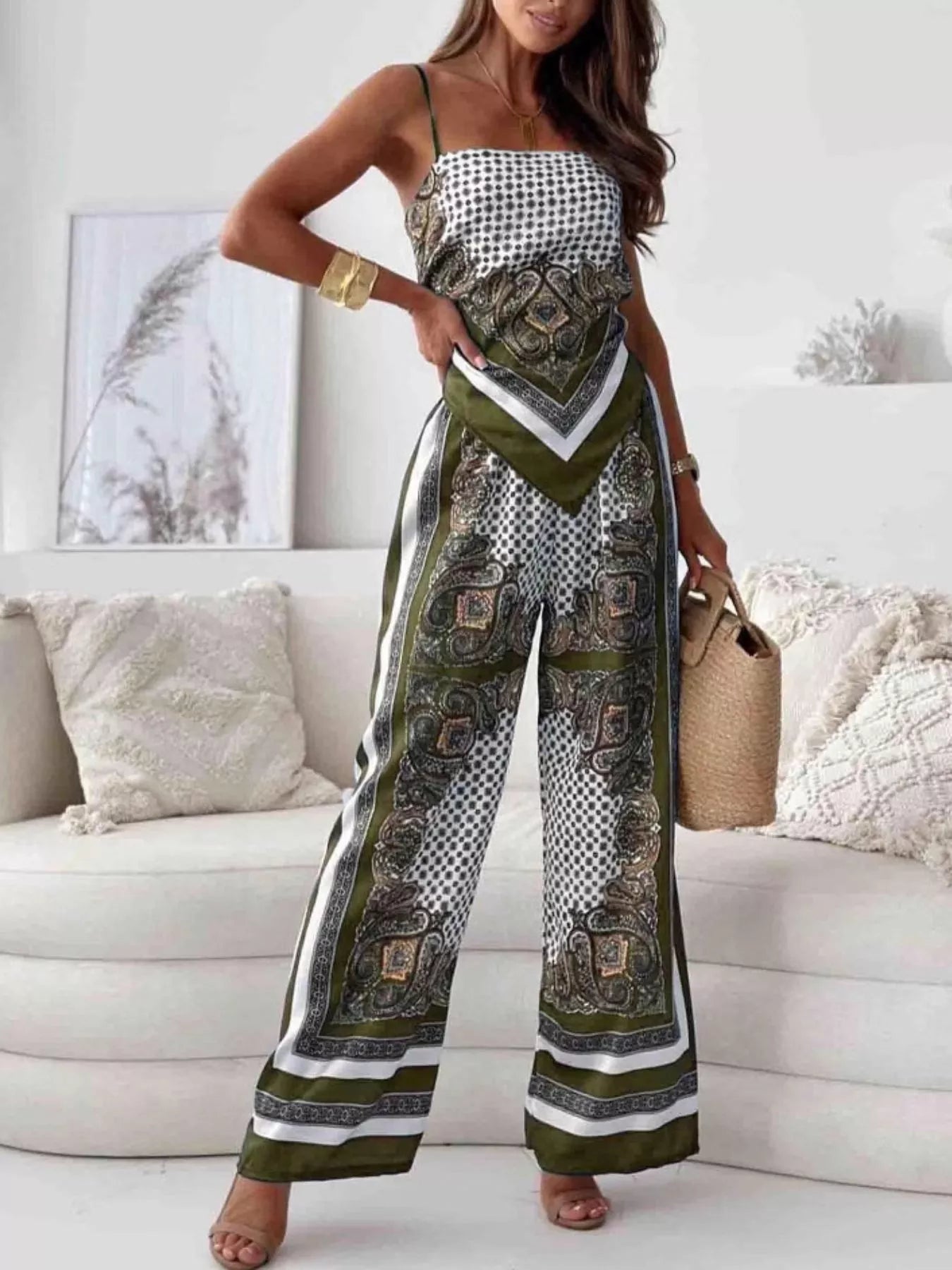 Women's Printed Cami and Wide Leg Pants Set