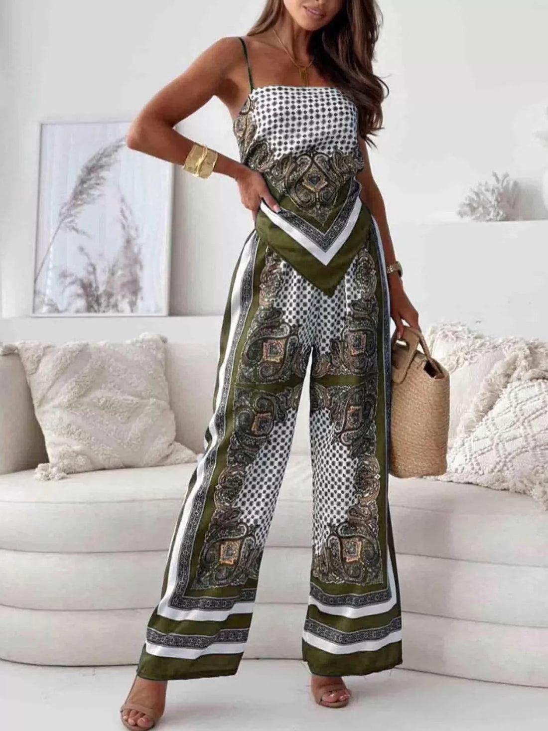 Women's Printed Cami and Wide Leg Pants Set