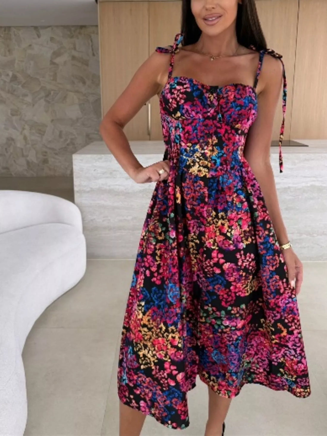Women's Printed Tie-Strap Midi Dress