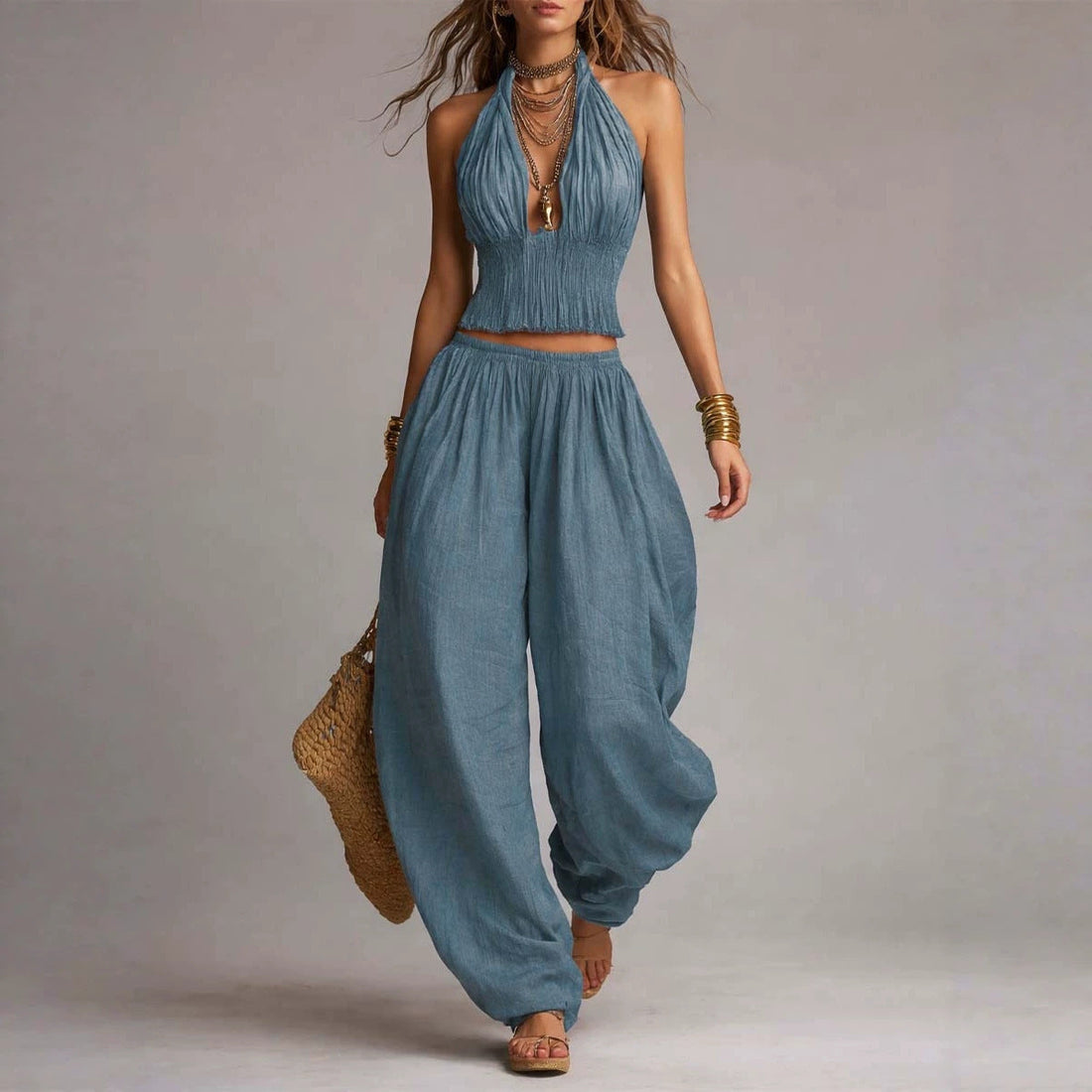 Women's Sleeveless Backless Halter Top & Wide-Leg Pants Set