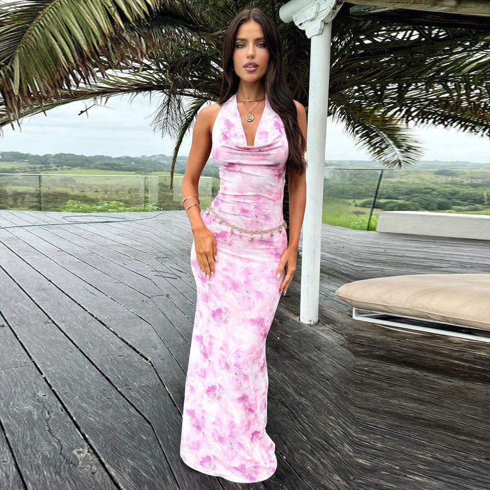 Women's Printing Series Neck Sexy Backless Skinny Dress