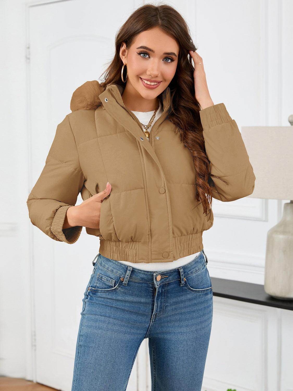 Pocketed Long Sleeve Cropped Hooded Winter Coat for Women