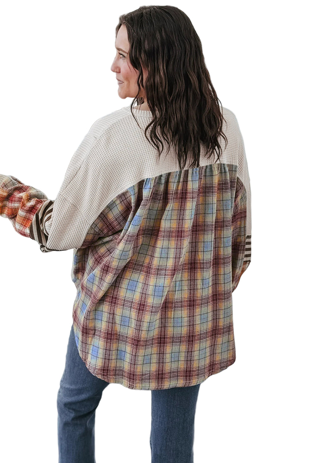 Women's Parchment Plus Size Waffle Striped Plaid Patchwork Henley Pullover
