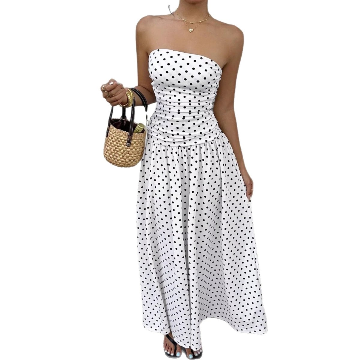 Elegant Polka-dot Off-shoulder Dresses Solid Color Strapless Lady High-waist Robe Commuting Party Business Beach Holiday Outfit