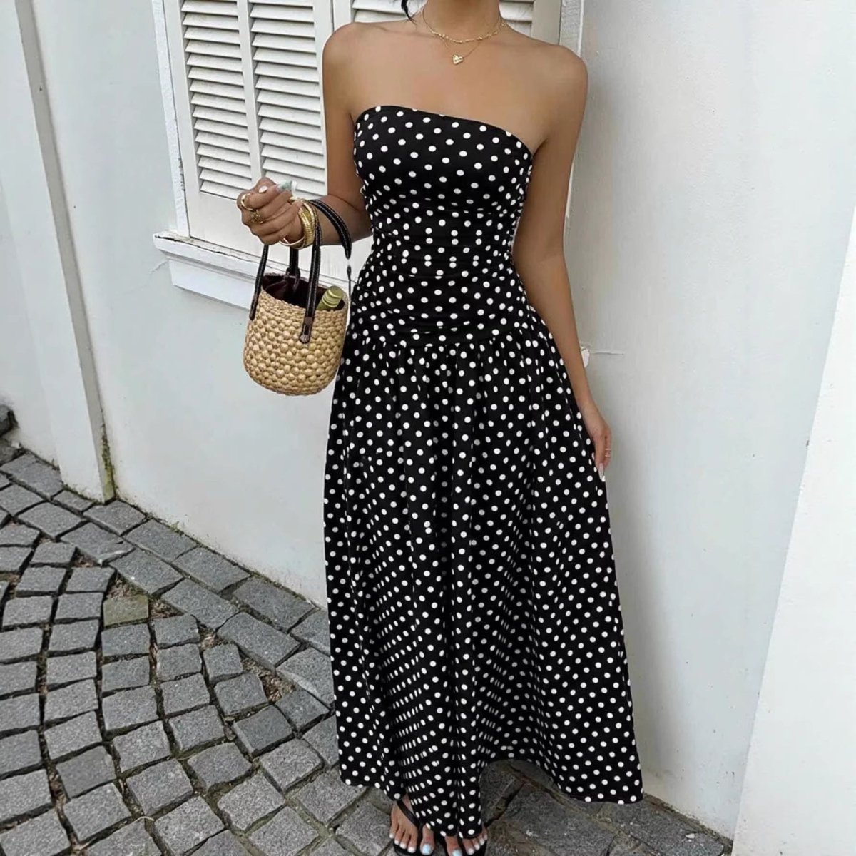 Elegant Polka-dot Off-shoulder Dresses Solid Color Strapless Lady High-waist Robe Commuting Party Business Beach Holiday Outfit