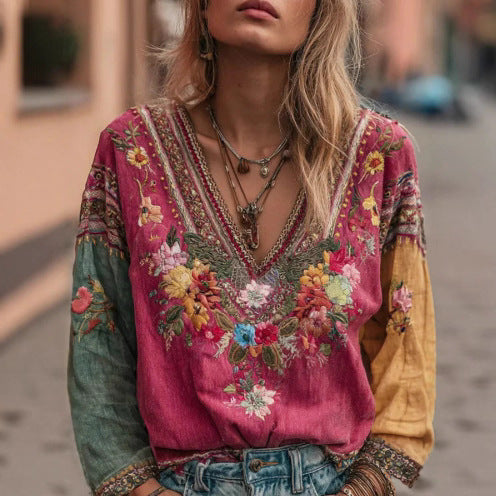 Women's Casual Vintage Bohemian V-neck Top With Ethnic-style Long Sleeves