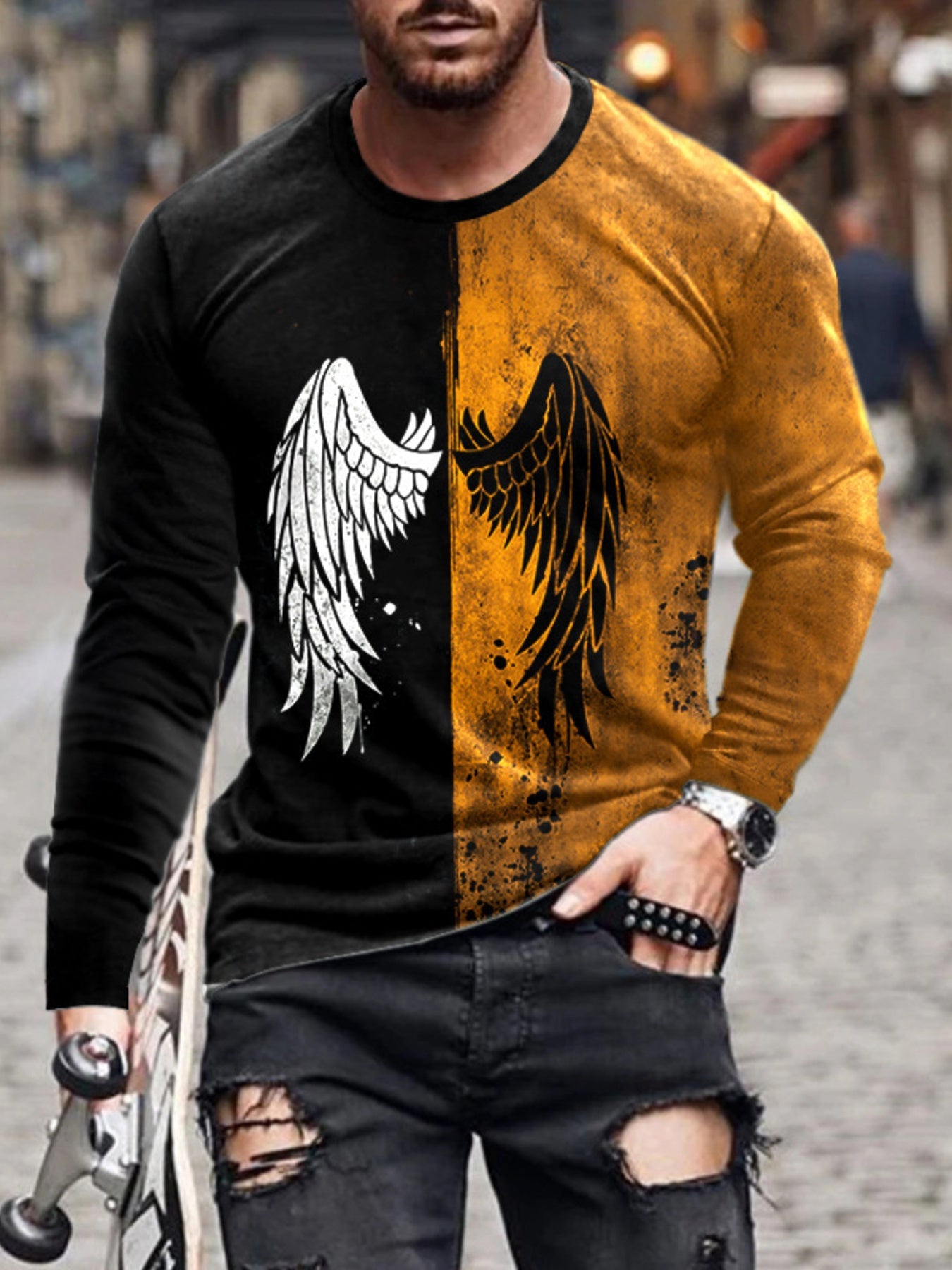 Men's Full Size Split-Color Wing Graphic Long-Sleeve T-Shirt Plus Size