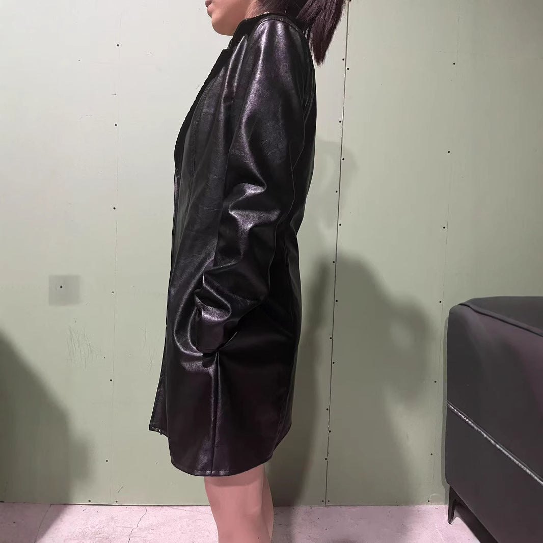 Women's PU Mid-length Casual Fashion Leather Coat