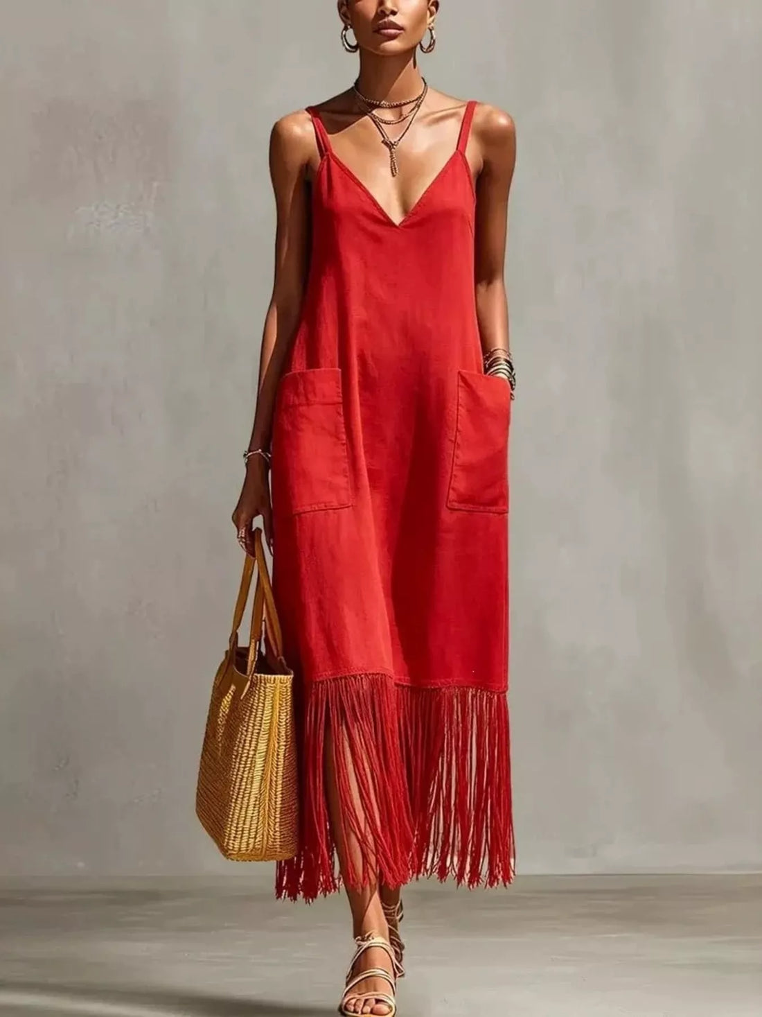 Women's Full Size Fringe V-Neck Spaghetti Strap Dress Plus Size