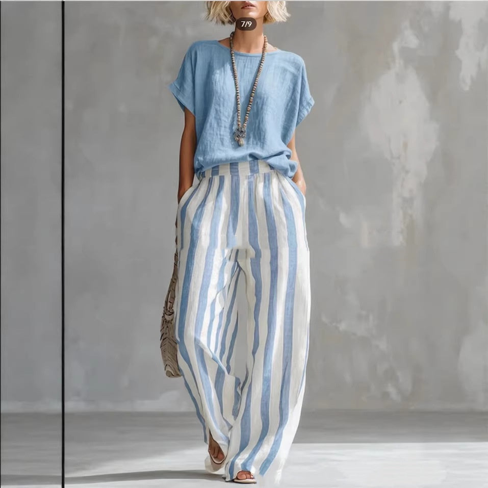 Women's Short-sleeved Trousers Suit Summer Fashion Round Neck Pullover T-Shirt And Striped Print Straight Leg Pants Two-Piece Clothing For Women