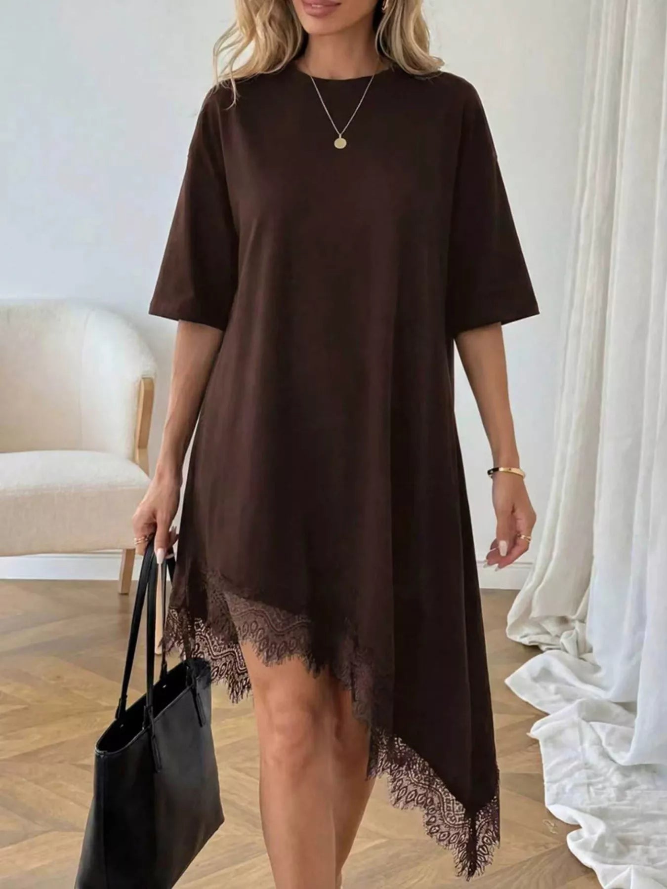 Women's Lace Trim Asymmetrical Hem T-shirt Dress